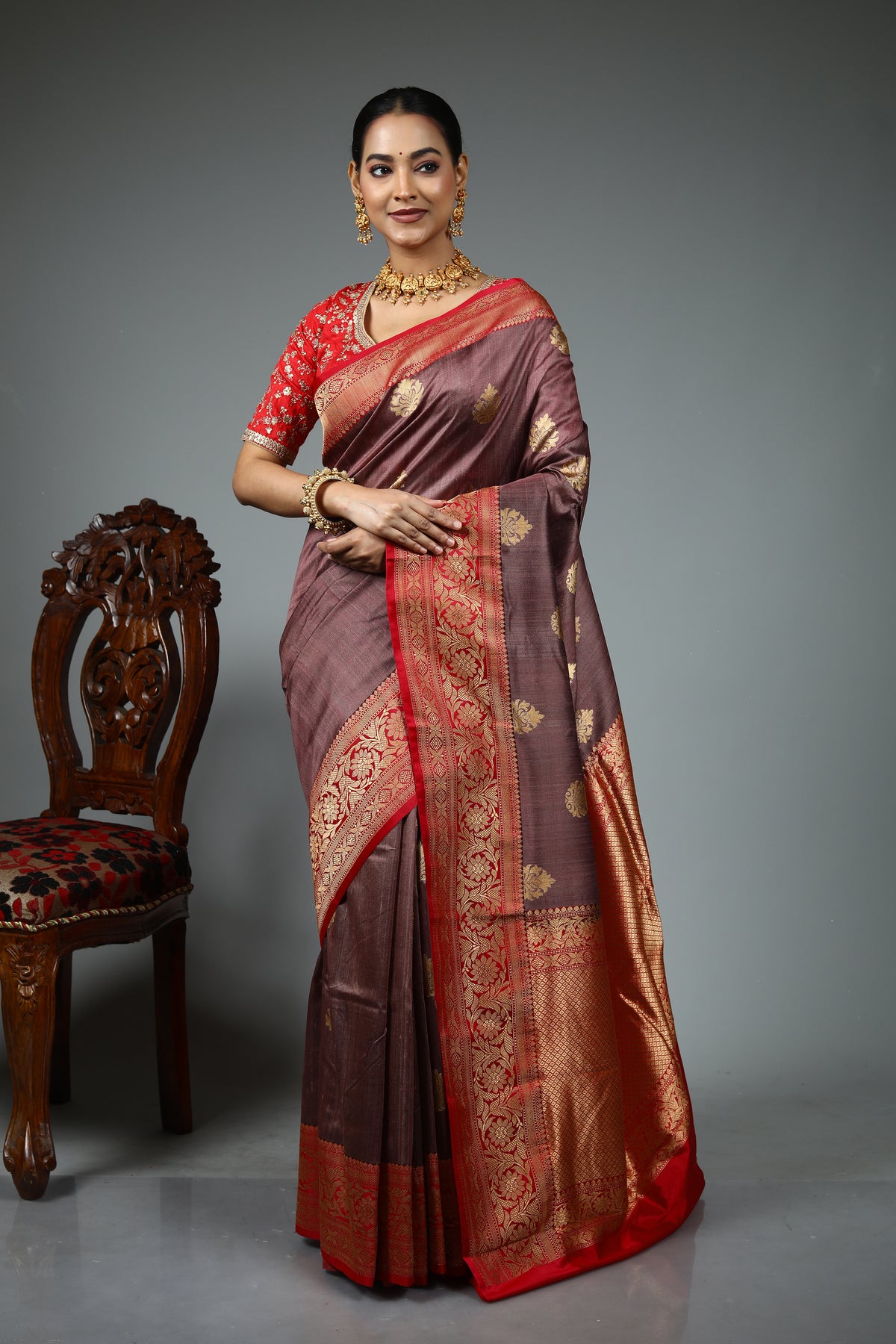Brown Pure Tussar Banarasi Saree