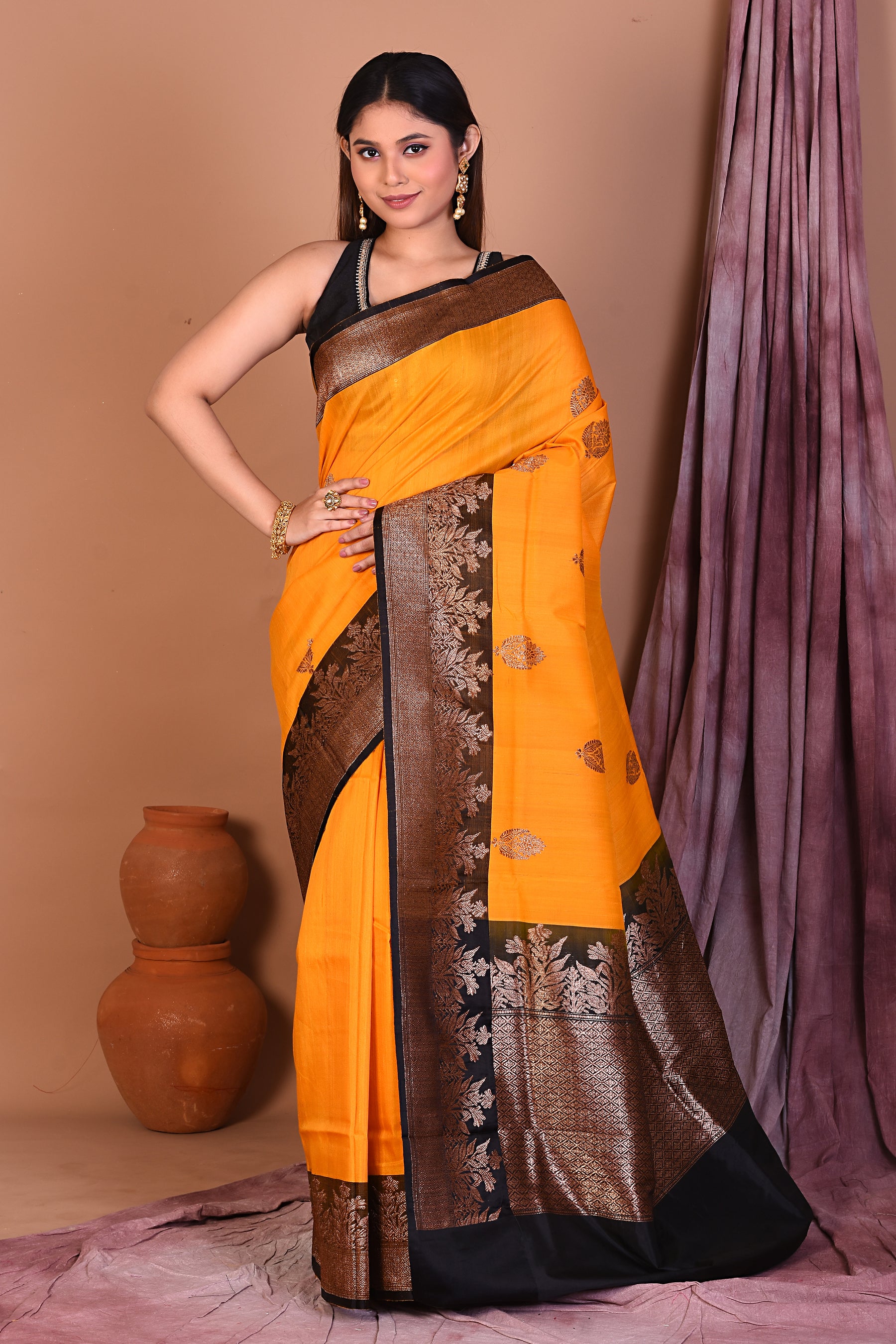 Yellow Pure Tussar Saree with Black Borders - Keya Seth Exclusive