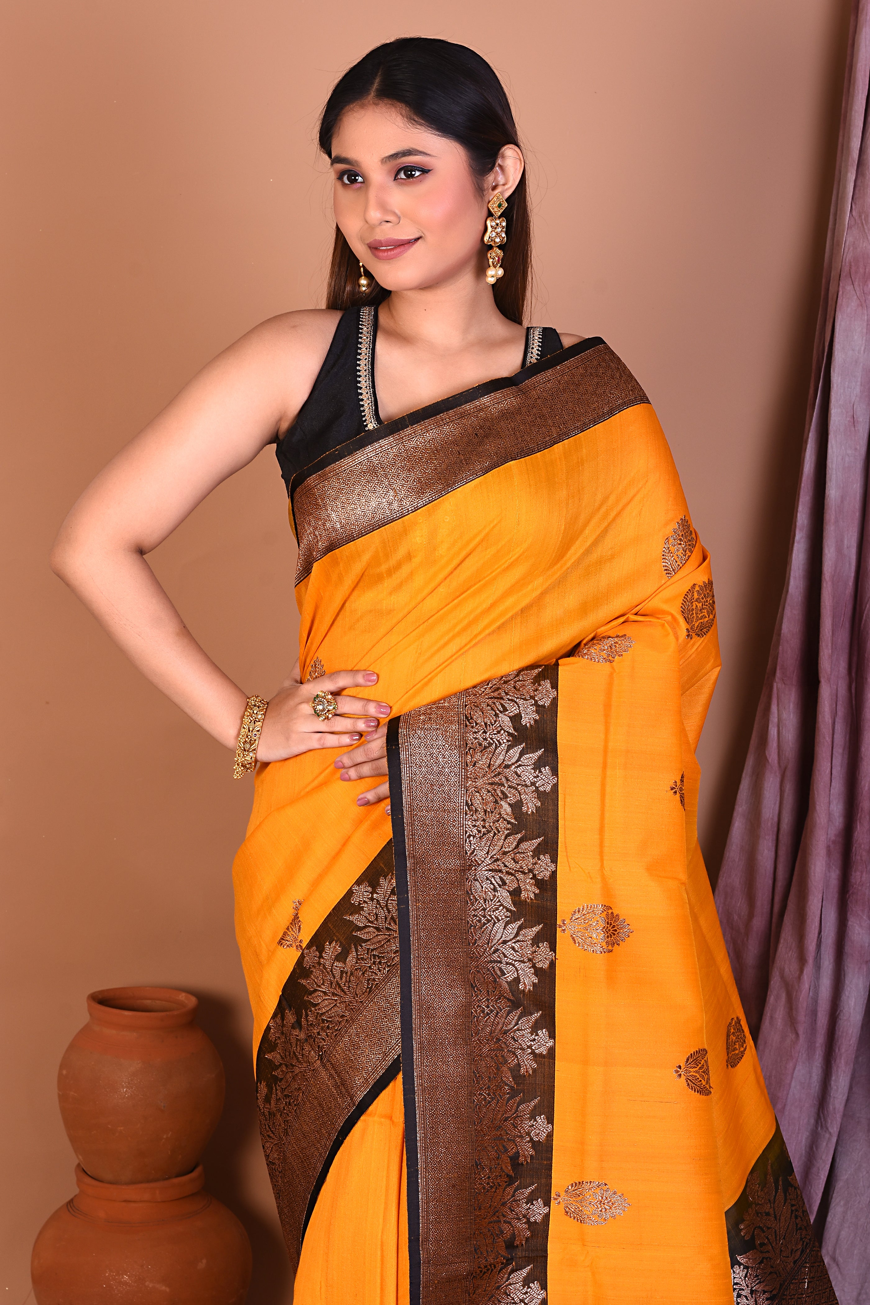 Yellow Pure Tussar Saree with Black Borders - Keya Seth Exclusive