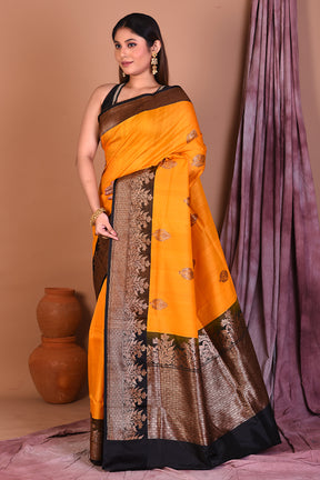 Yellow Pure Tussar Saree with Black Borders - Keya Seth Exclusive