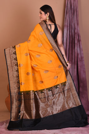 Yellow Pure Tussar Saree with Black Borders - Keya Seth Exclusive