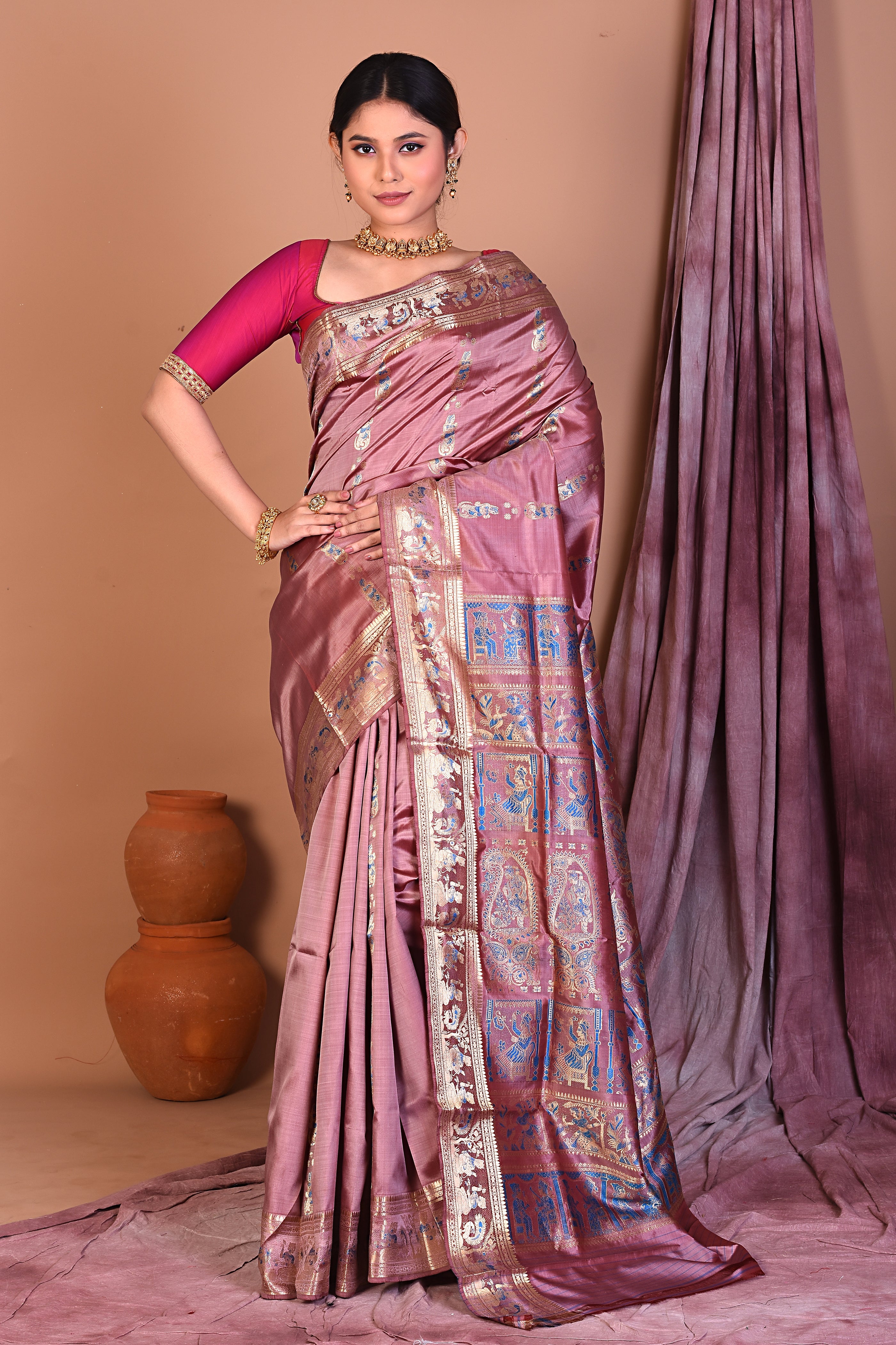 Onion Pink Pure Baluchari Saree with Golden Zari - Keya Seth Exclusive