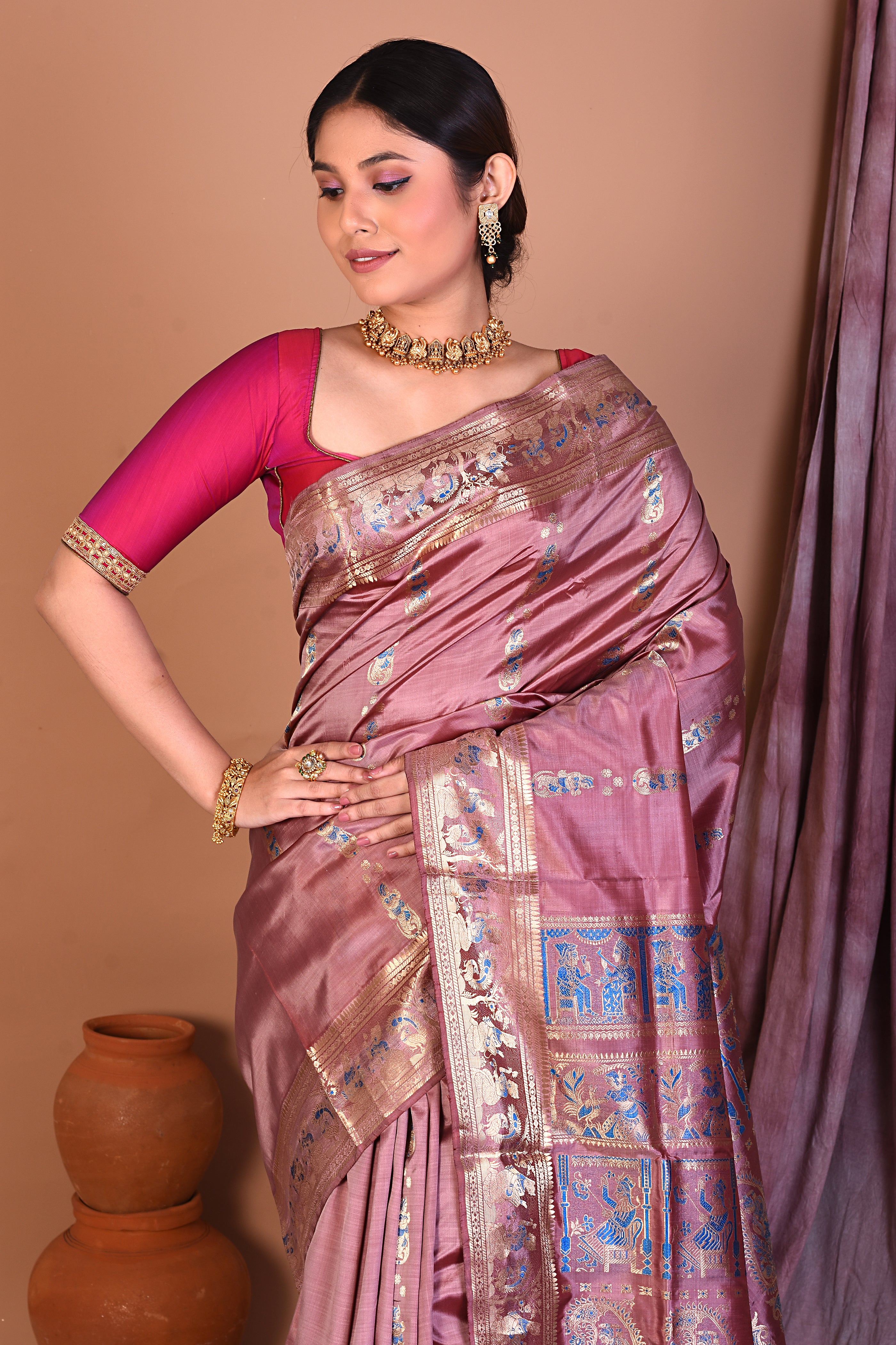 Onion Pink Pure Baluchari Saree with Golden Zari - Keya Seth Exclusive