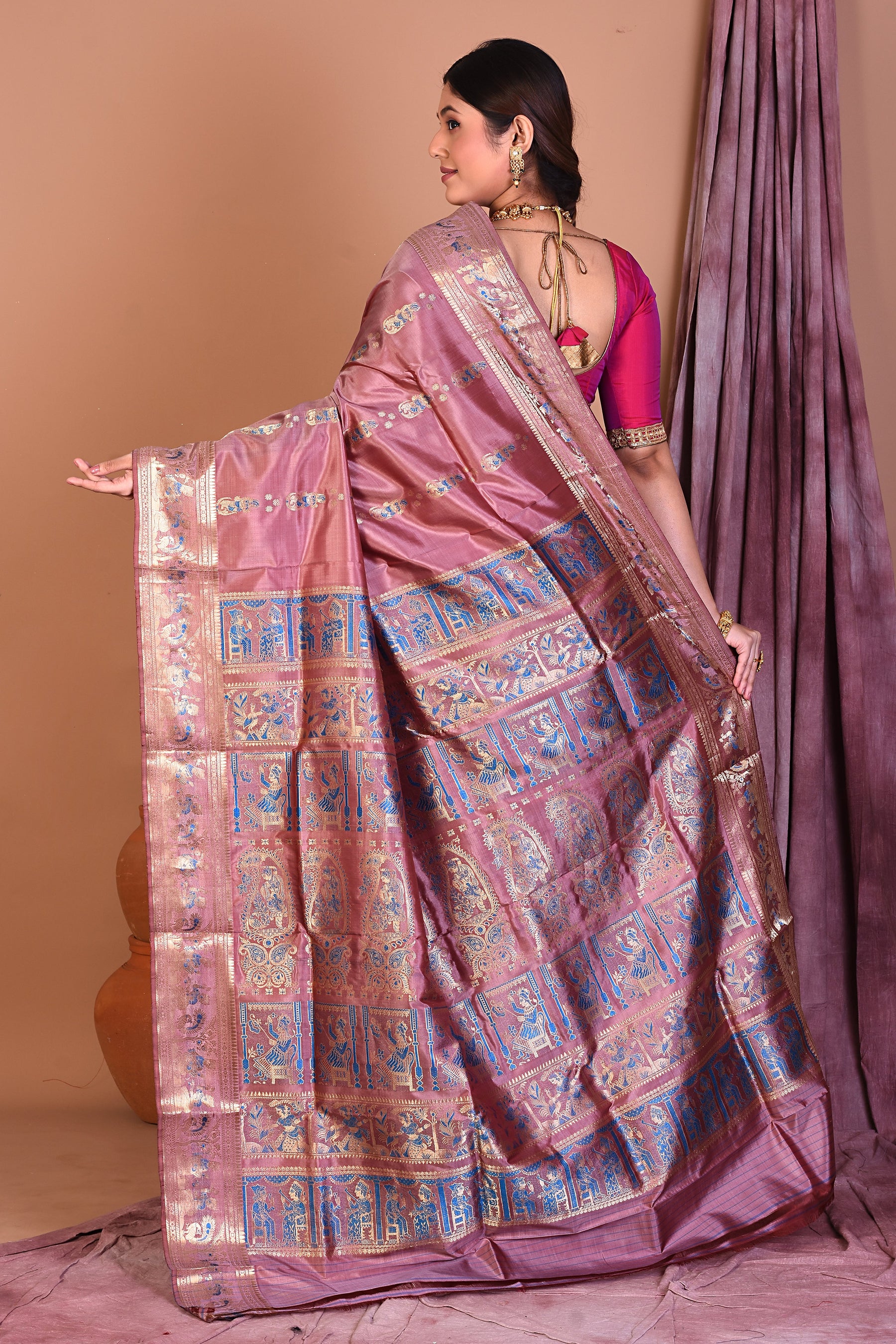 Onion Pink Pure Baluchari Saree with Golden Zari - Keya Seth Exclusive