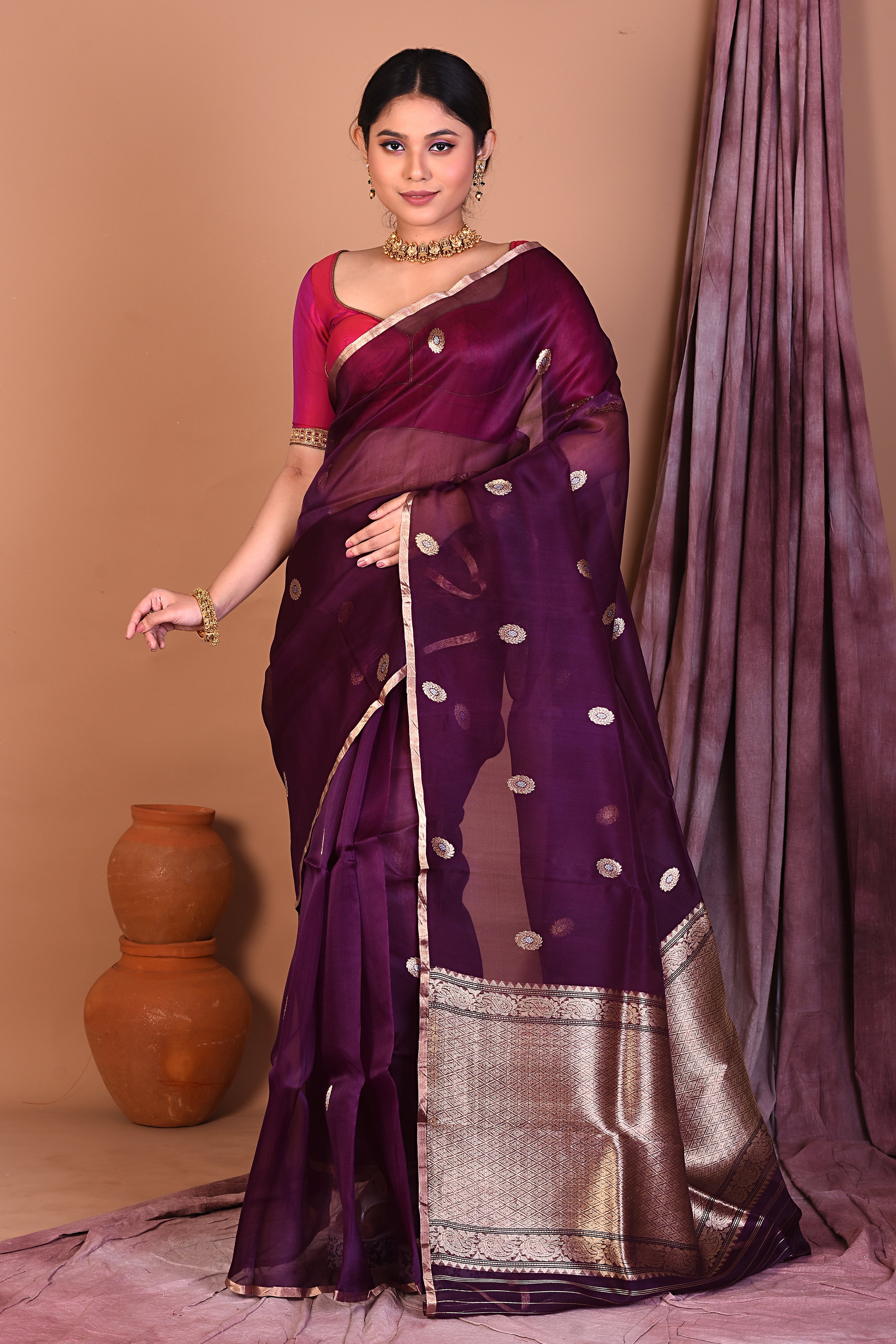 Magenta Pure Kora Saree with Golden Zari - Keya Seth Exclusive