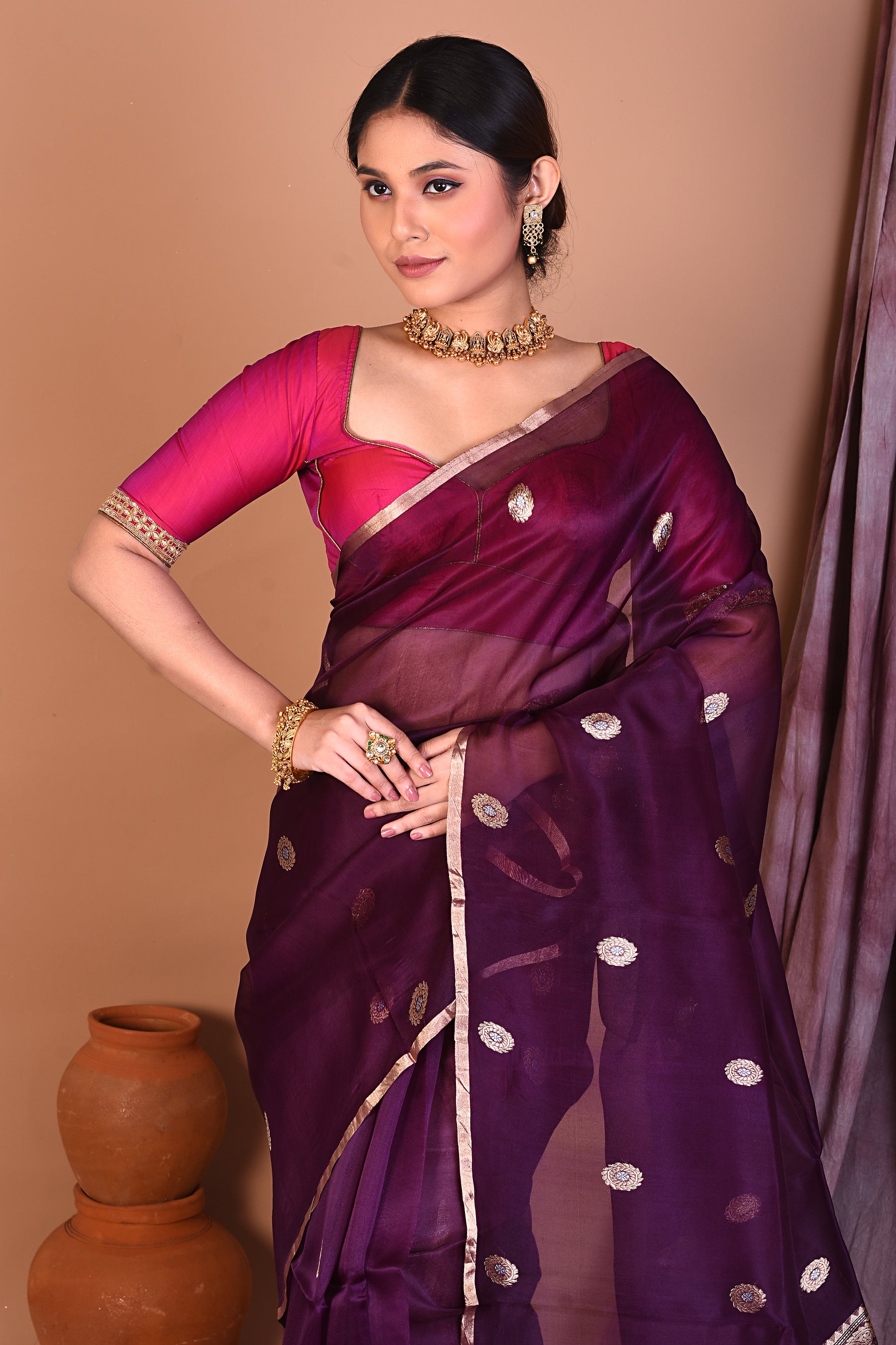 Magenta Pure Kora Saree with Golden Zari - Keya Seth Exclusive