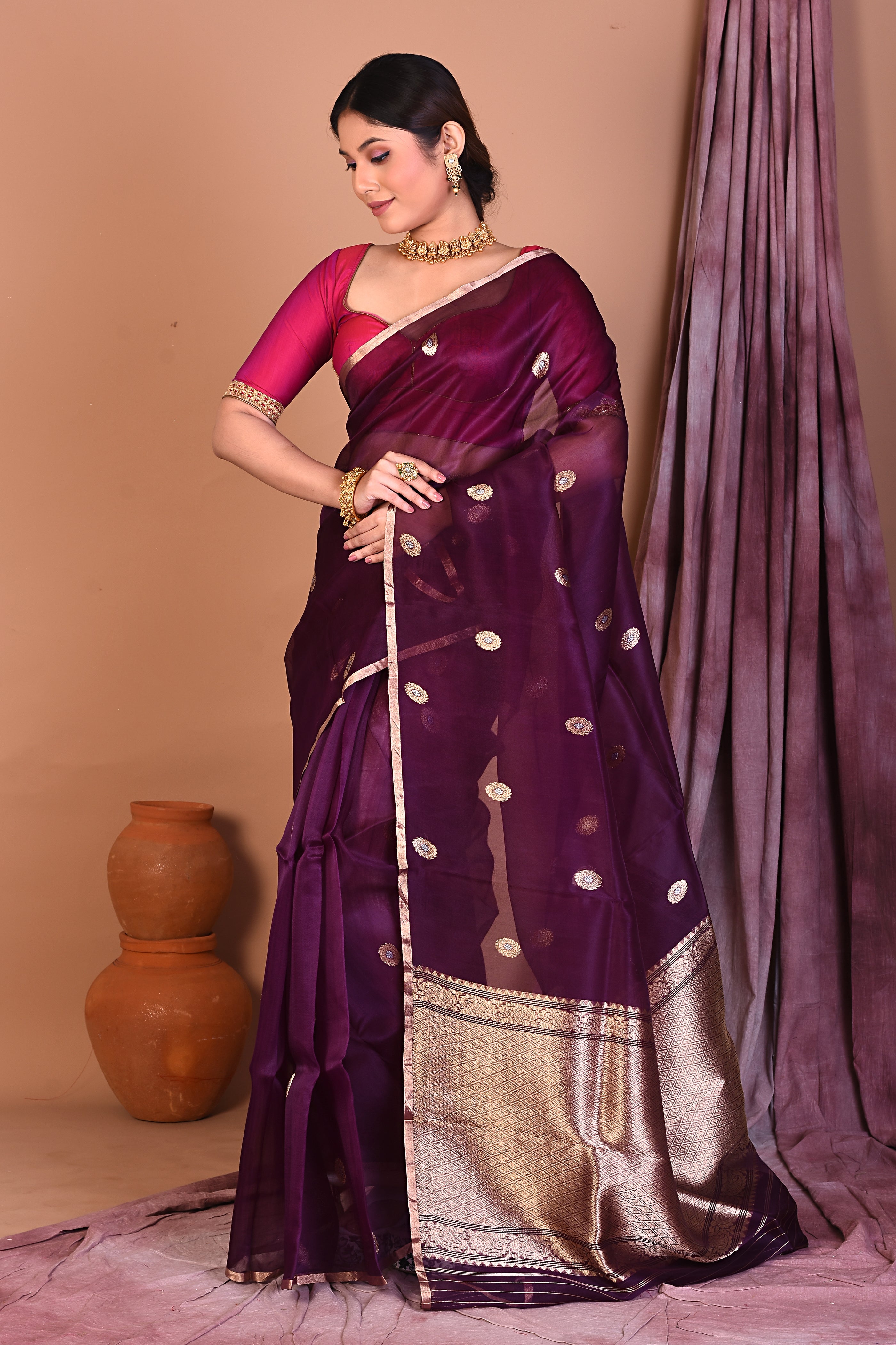 Magenta Pure Kora Saree with Golden Zari - Keya Seth Exclusive