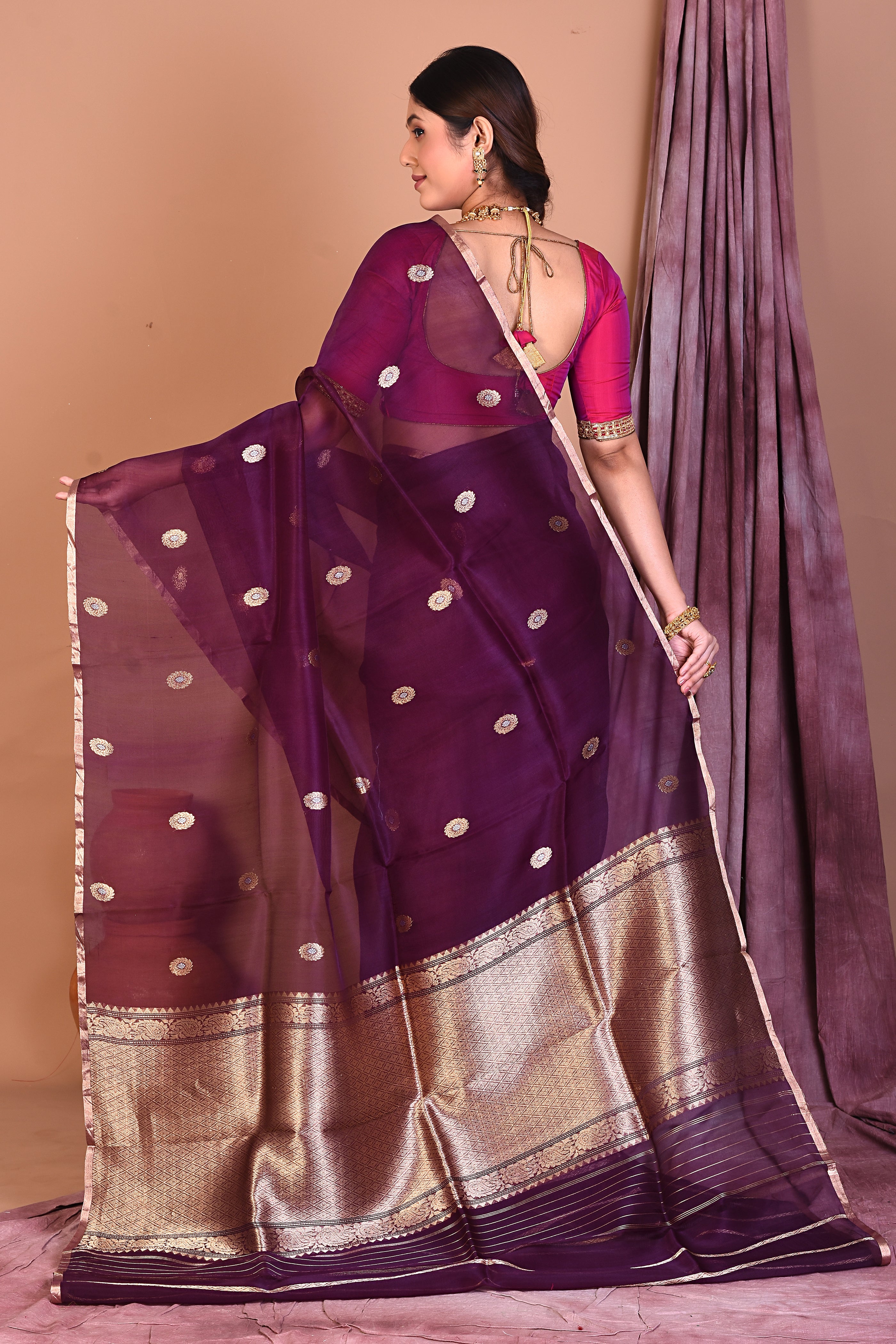 Magenta Pure Kora Saree with Golden Zari - Keya Seth Exclusive