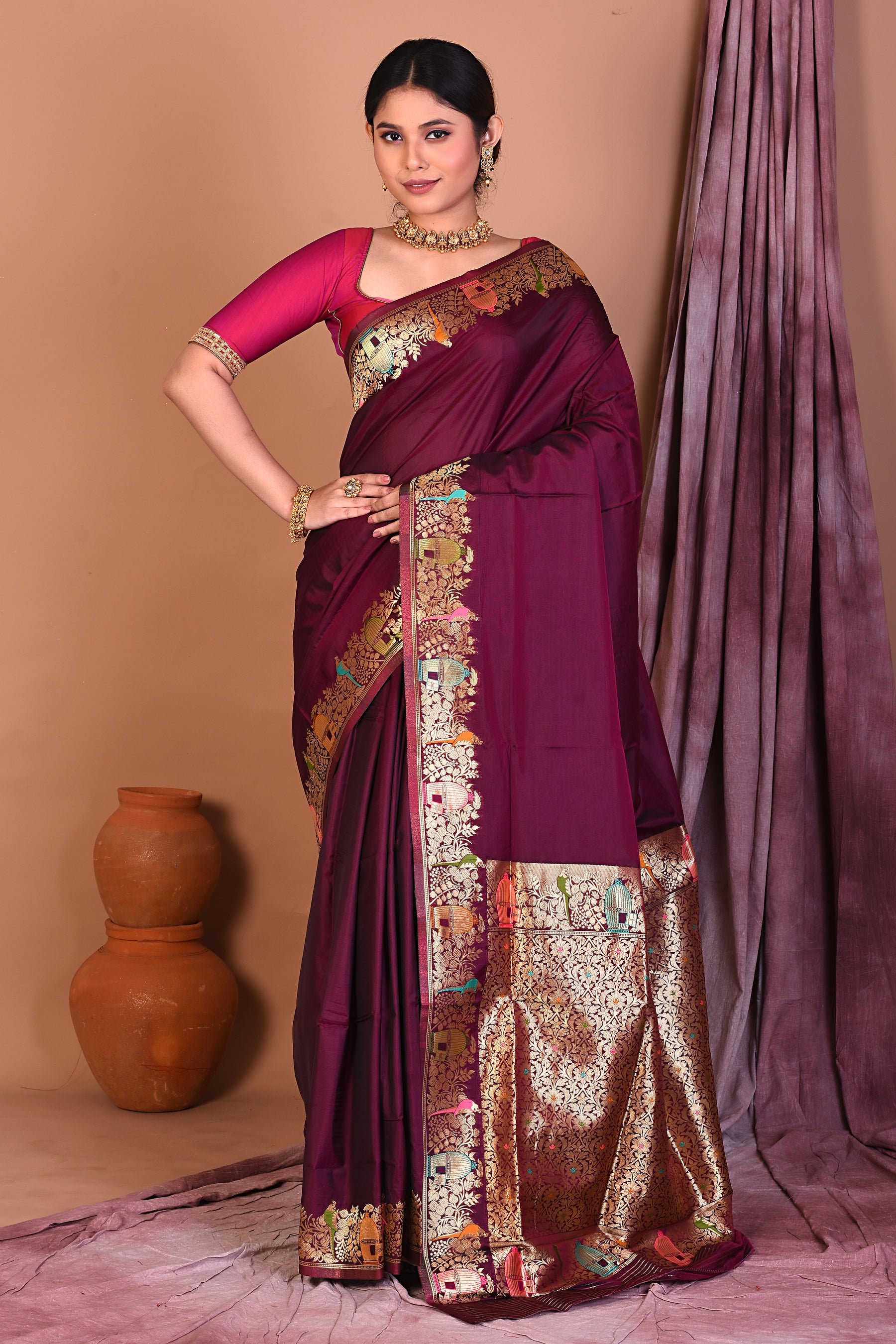 Wine Semi Katan Saree with Golden Zari - Keya Seth Exclusive