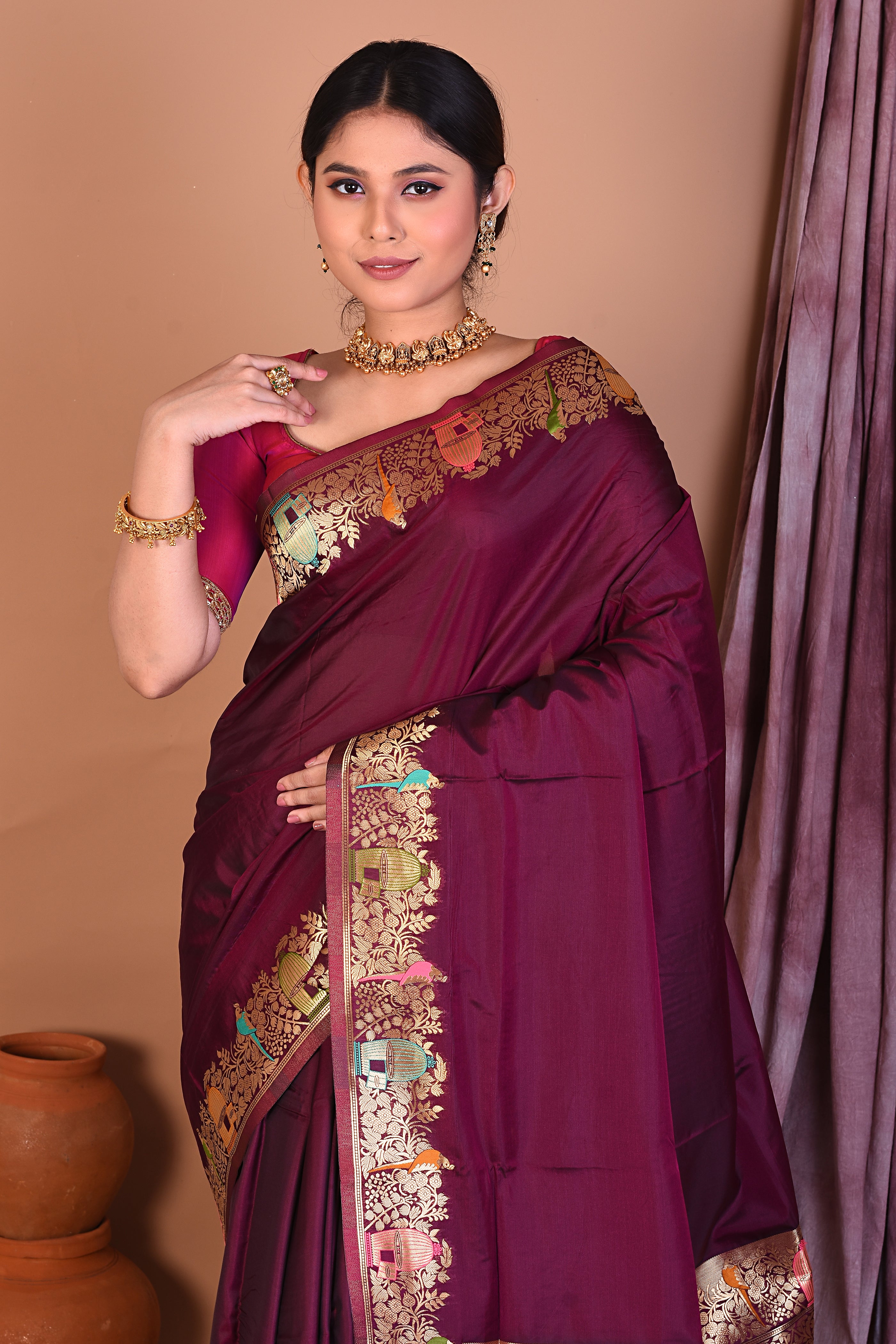 Wine Semi Katan Saree with Golden Zari - Keya Seth Exclusive