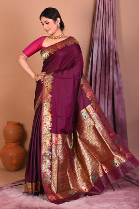 Wine Semi Katan Saree with Golden Zari - Keya Seth Exclusive