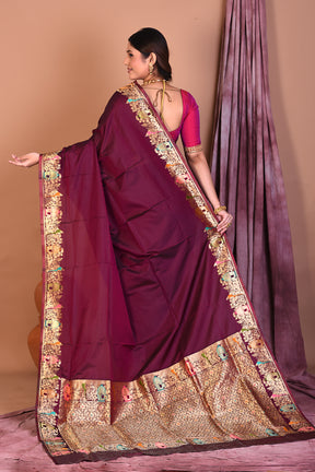 Wine Semi Katan Saree with Golden Zari - Keya Seth Exclusive