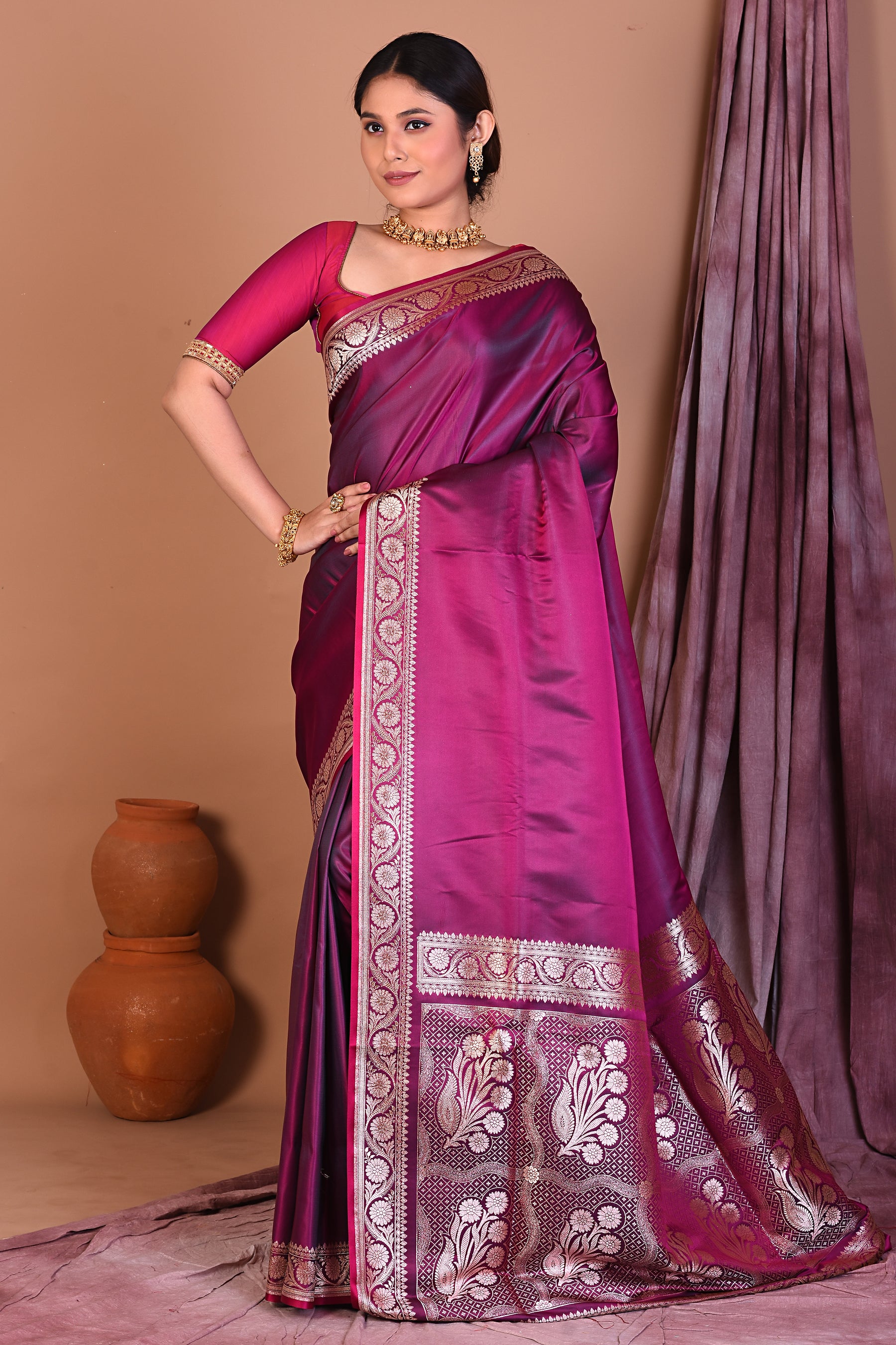 Magenta Blended Katan Saree with Golden Zari - Keya Seth Exclusive