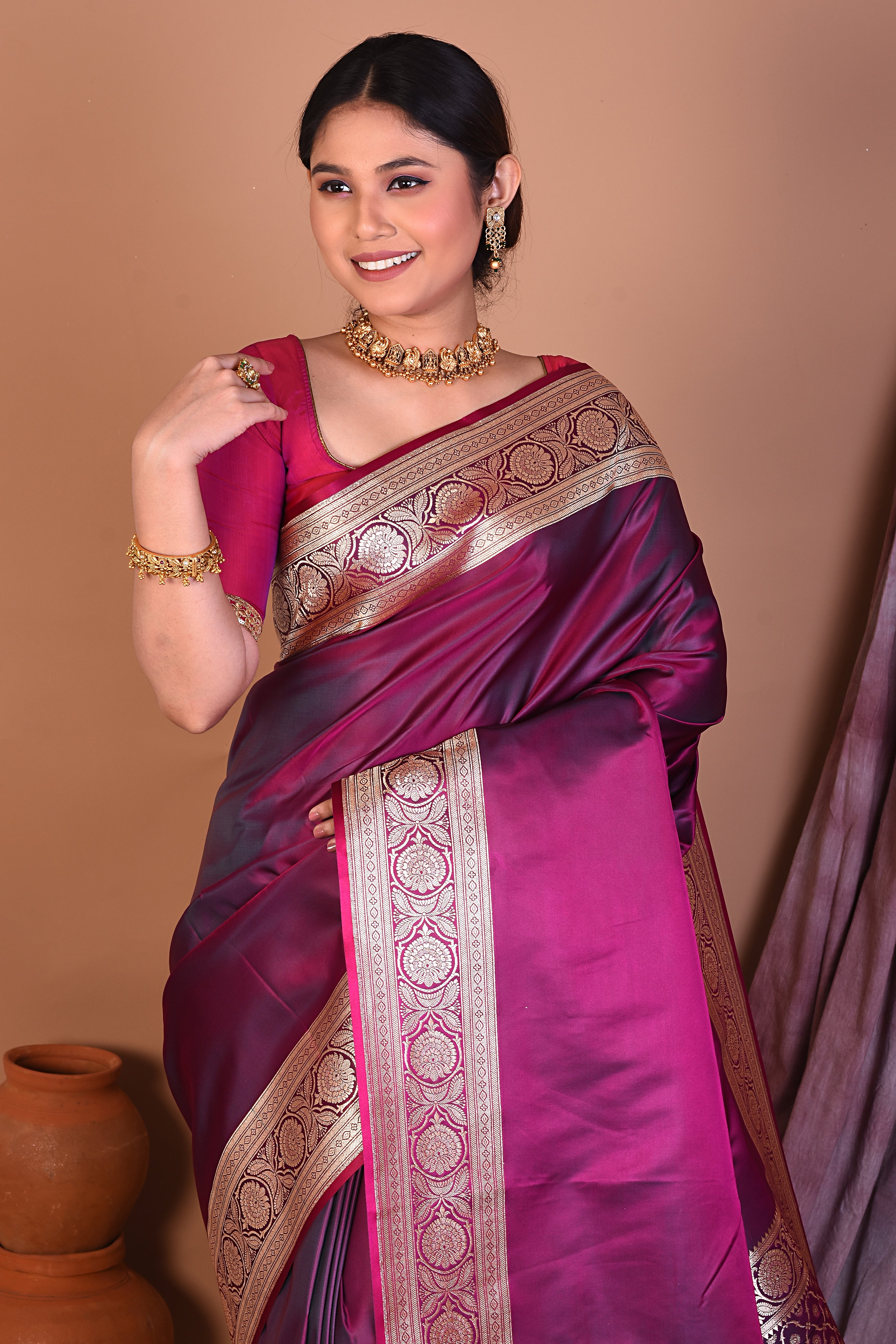 Magenta Blended Katan Saree with Golden Zari - Keya Seth Exclusive