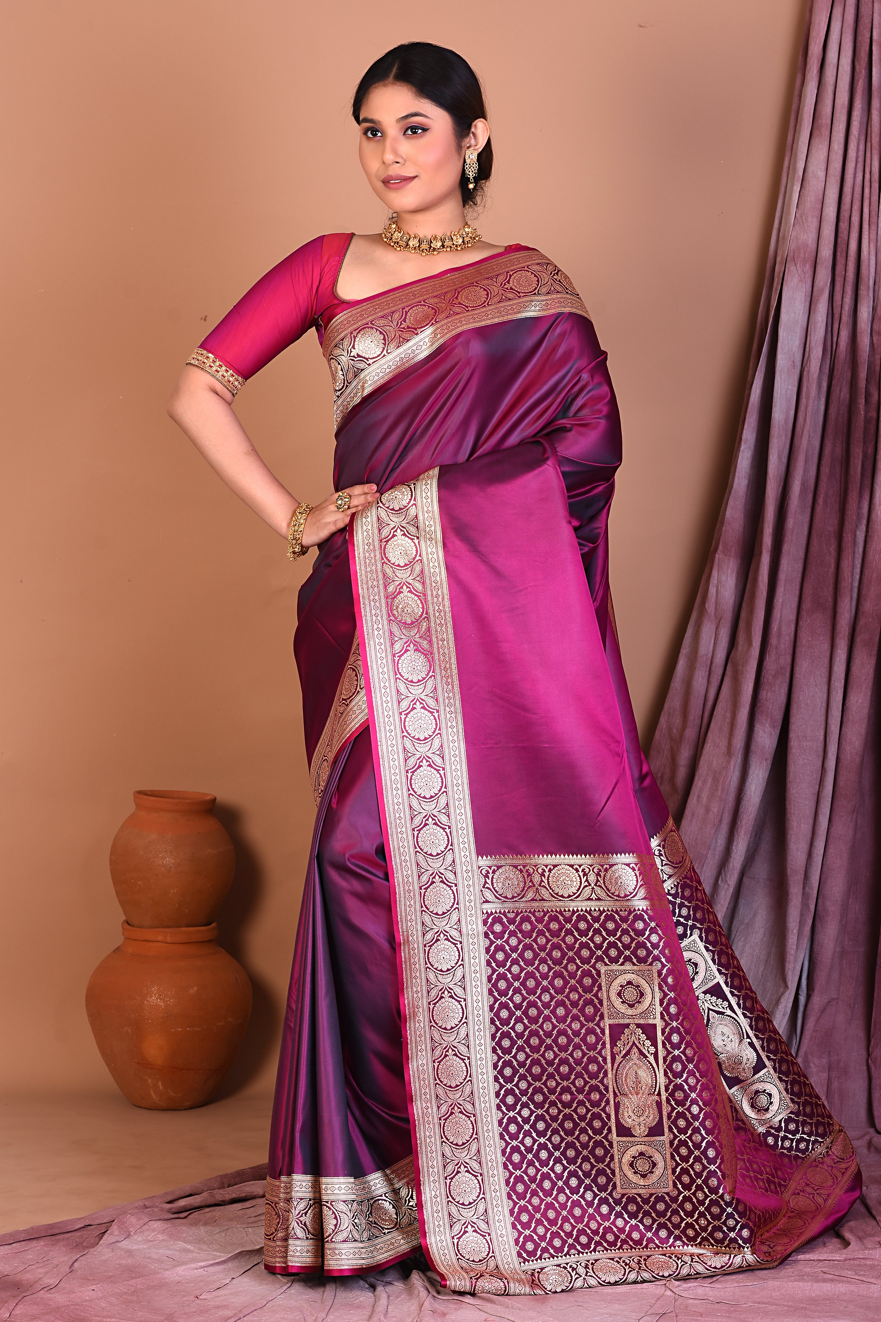 Magenta Blended Katan Saree with Golden Zari - Keya Seth Exclusive