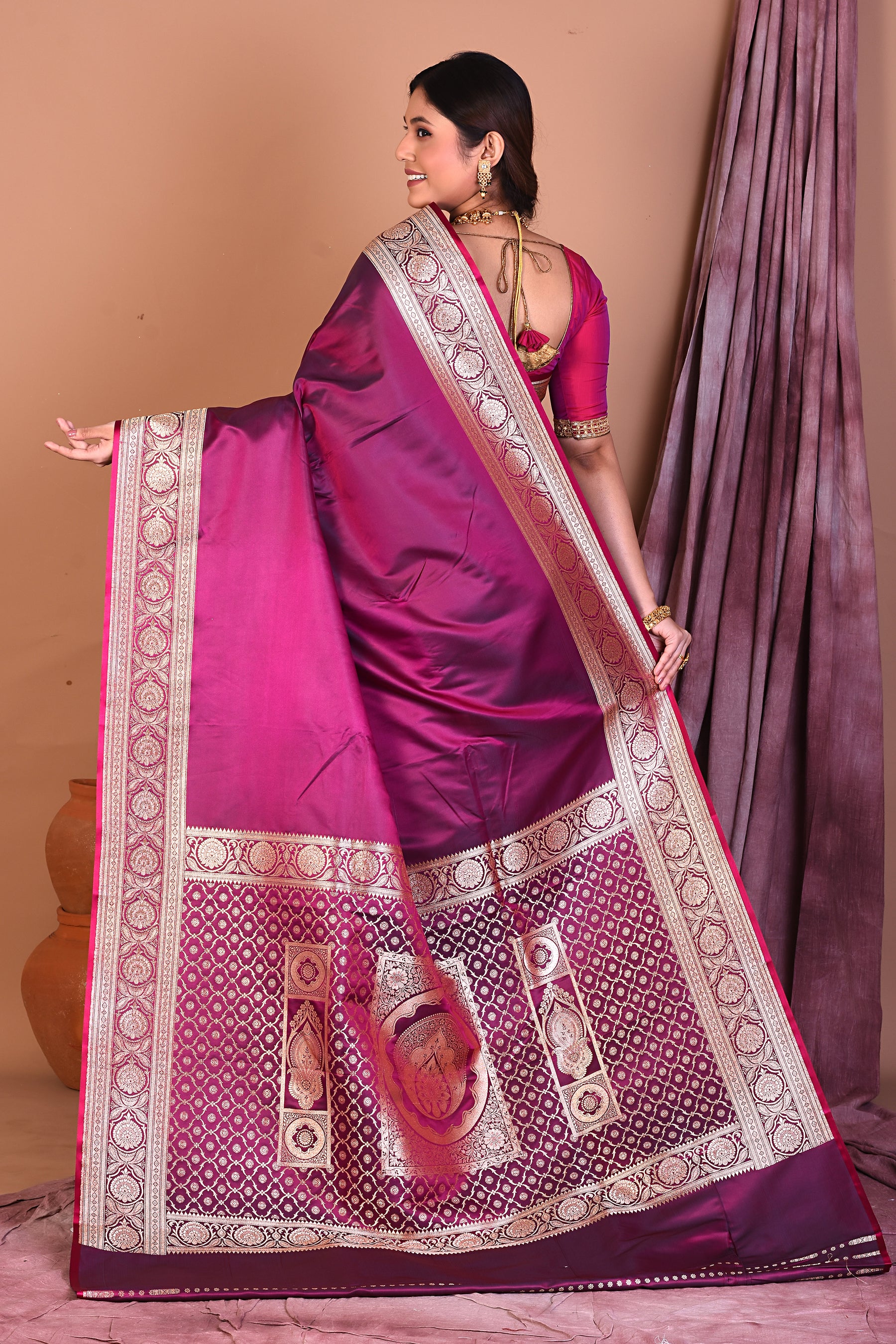 Magenta Blended Katan Saree with Golden Zari - Keya Seth Exclusive