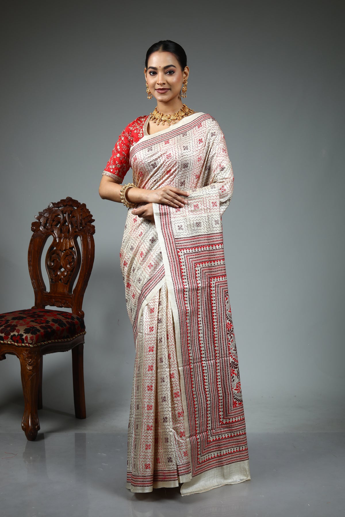Beige Kantha Stitch Saree