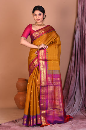 Mustard Pure Gadwal Saree with Magenta Borders - Keya Seth Exclusive