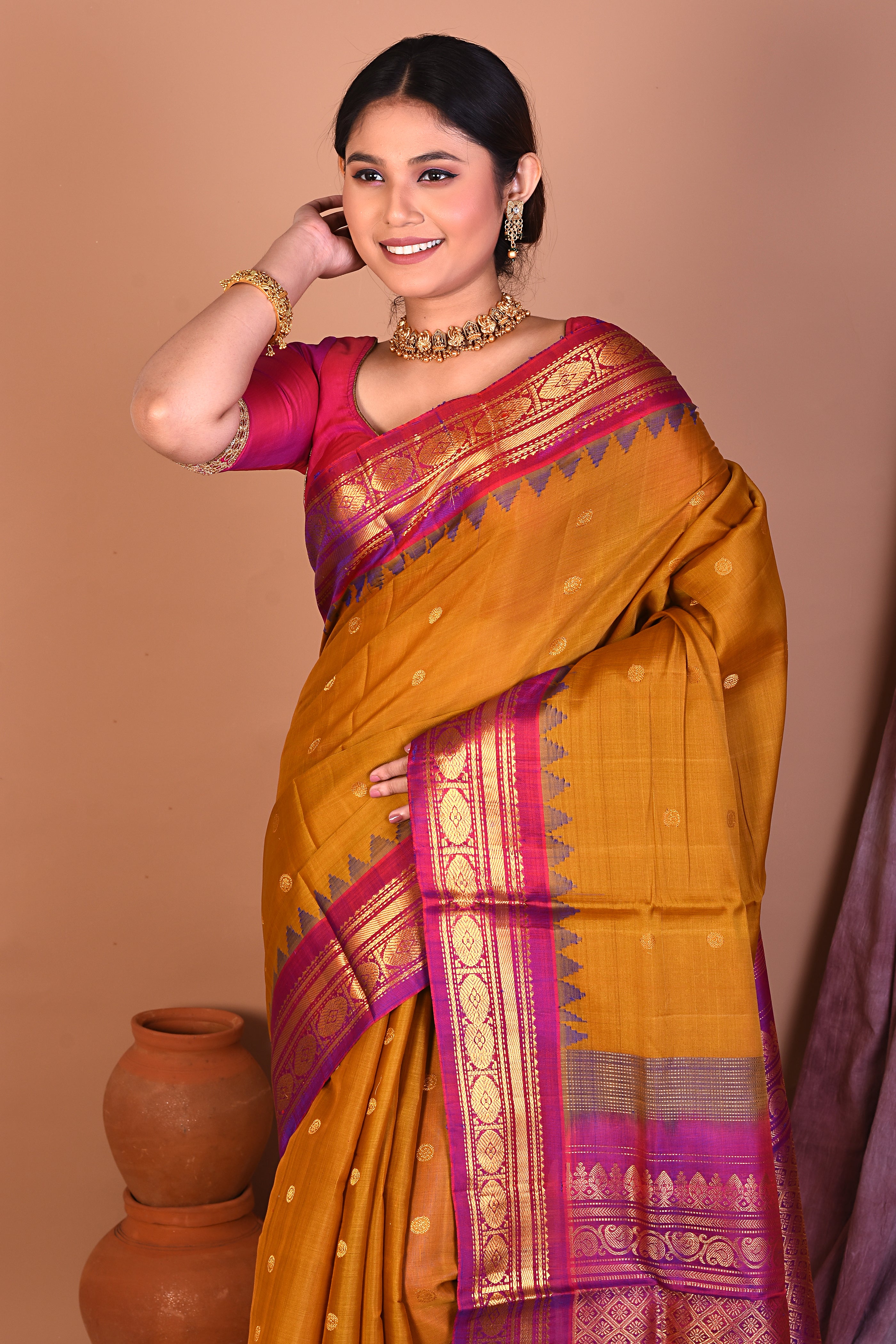 Mustard Pure Gadwal Saree with Magenta Borders - Keya Seth Exclusive