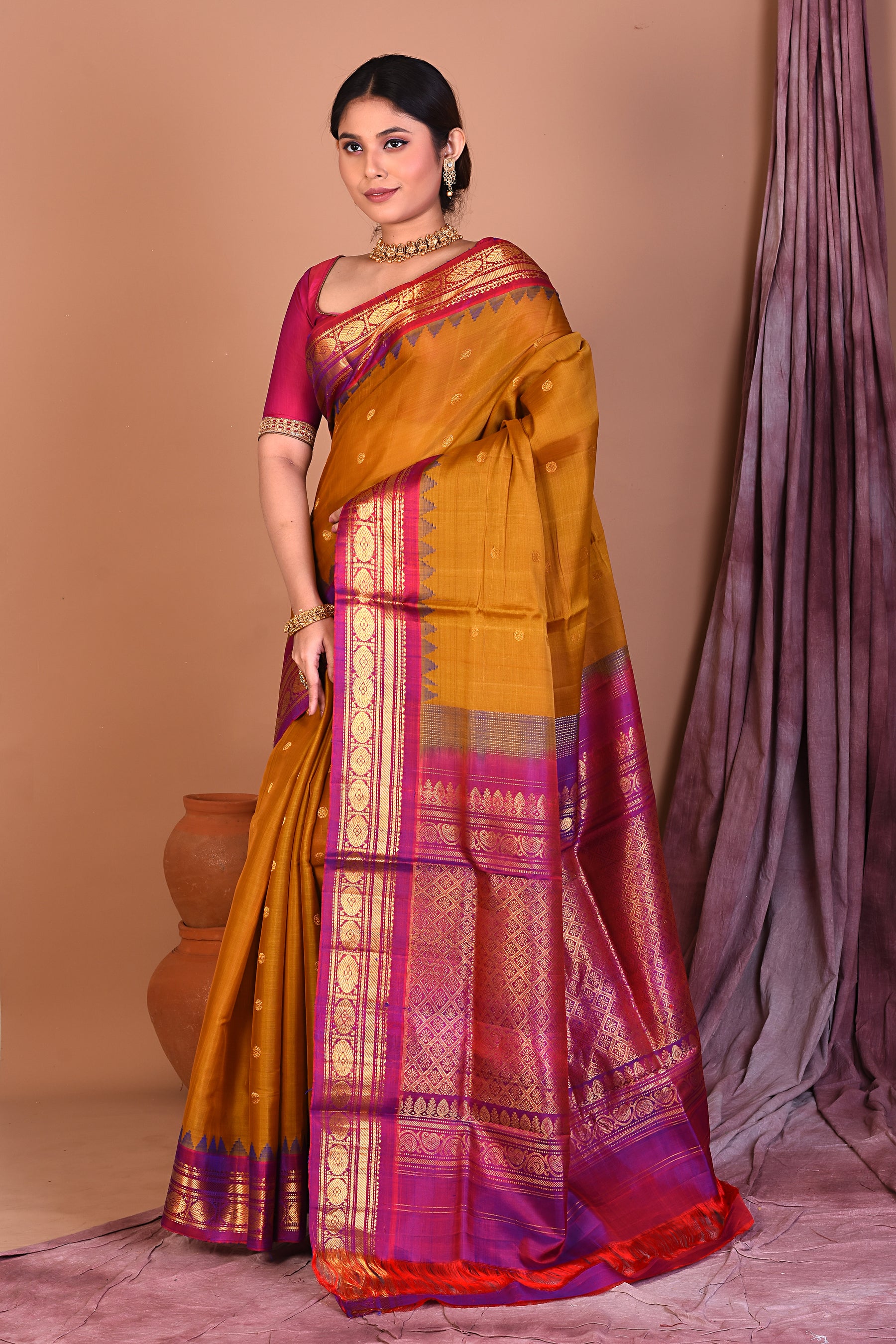 Mustard Pure Gadwal Saree with Magenta Borders - Keya Seth Exclusive