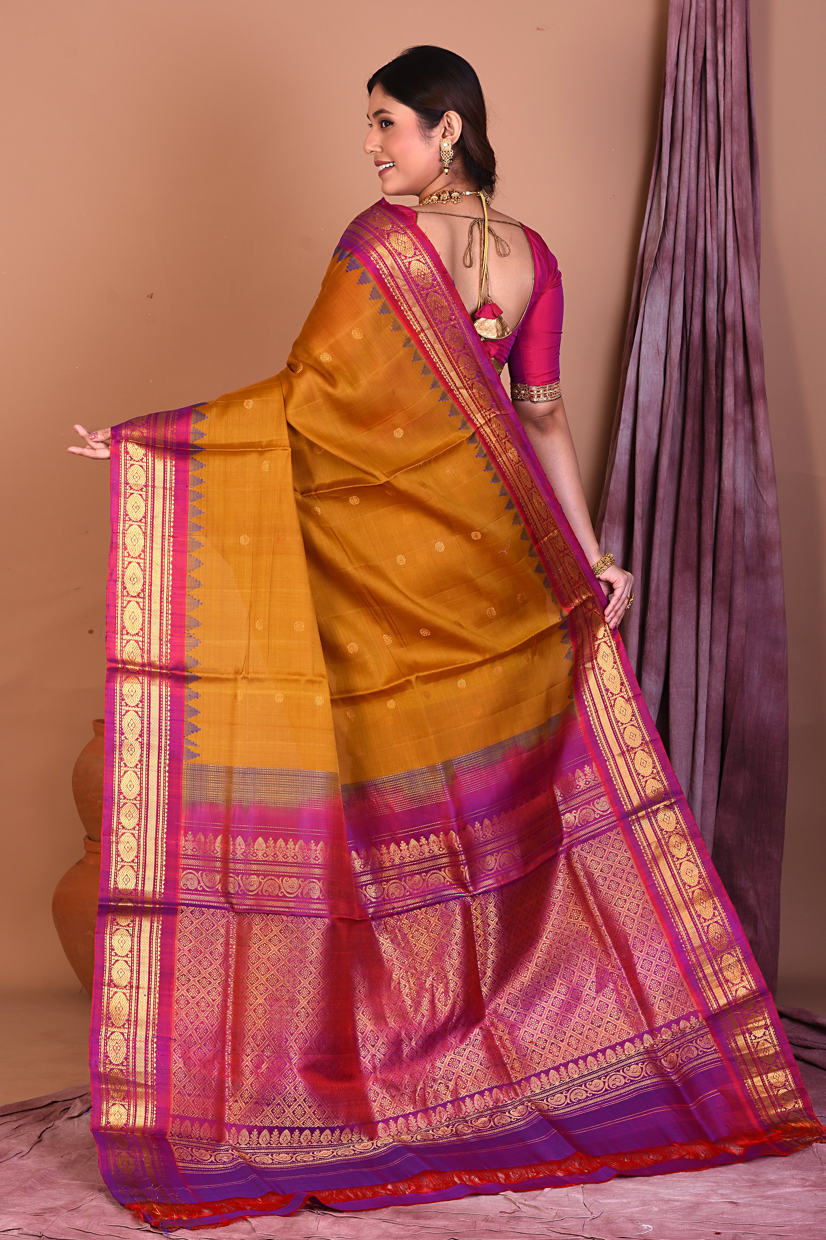 Mustard Pure Gadwal Saree with Magenta Borders - Keya Seth Exclusive