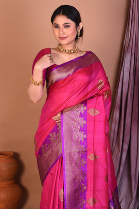 Rani Pure Tussar Saree with Purple Borders - Keya Seth Exclusive