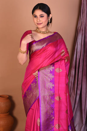 Rani Pure Tussar Saree with Purple Borders - Keya Seth Exclusive