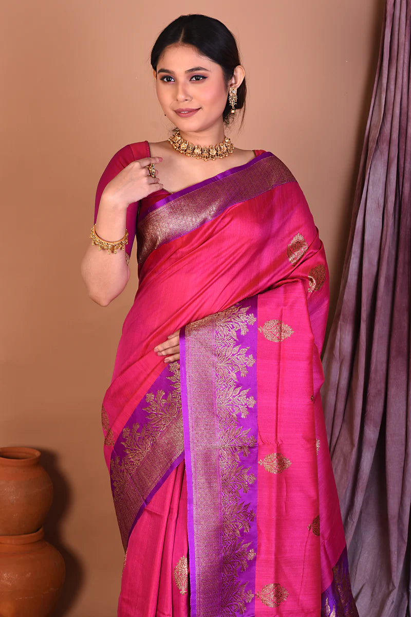 Rani Pure Tussar Saree with Purple Borders - Keya Seth Exclusive