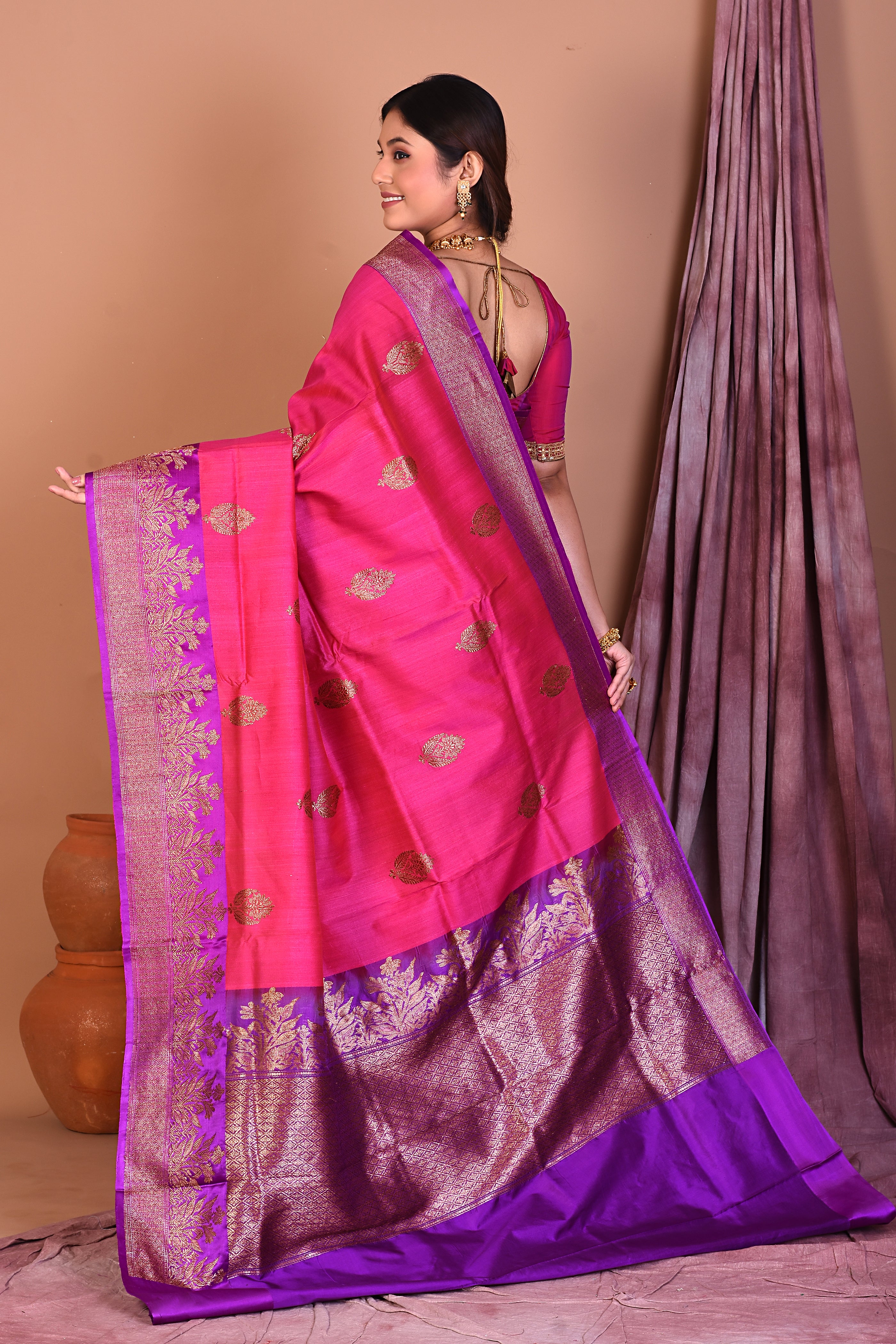 Rani Pure Tussar Saree with Purple Borders - Keya Seth Exclusive