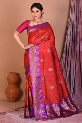 Rust Pure Tussar Saree with Purple Borders - Keya Seth Exclusive