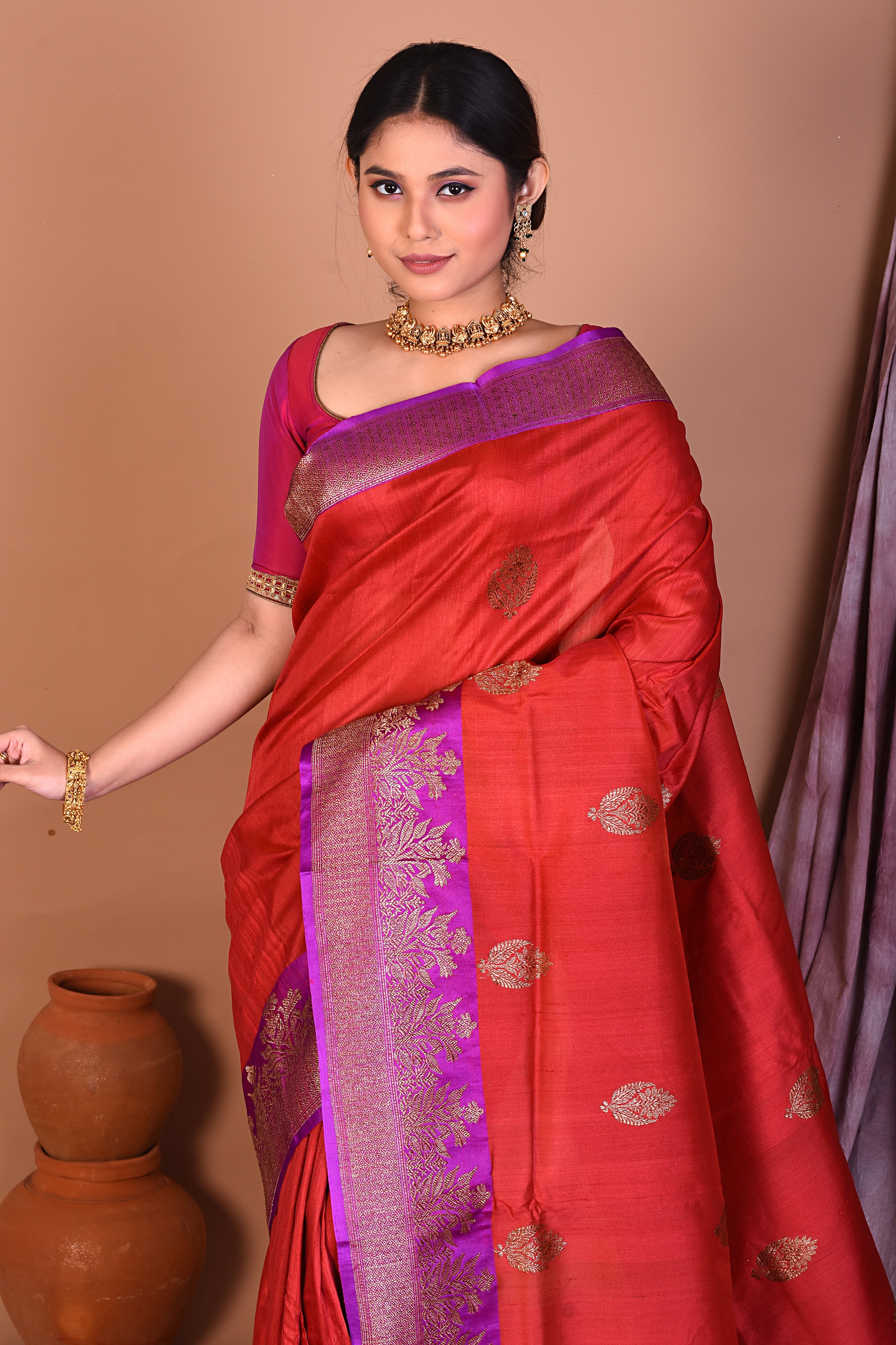 Rust Pure Tussar Saree with Purple Borders - Keya Seth Exclusive