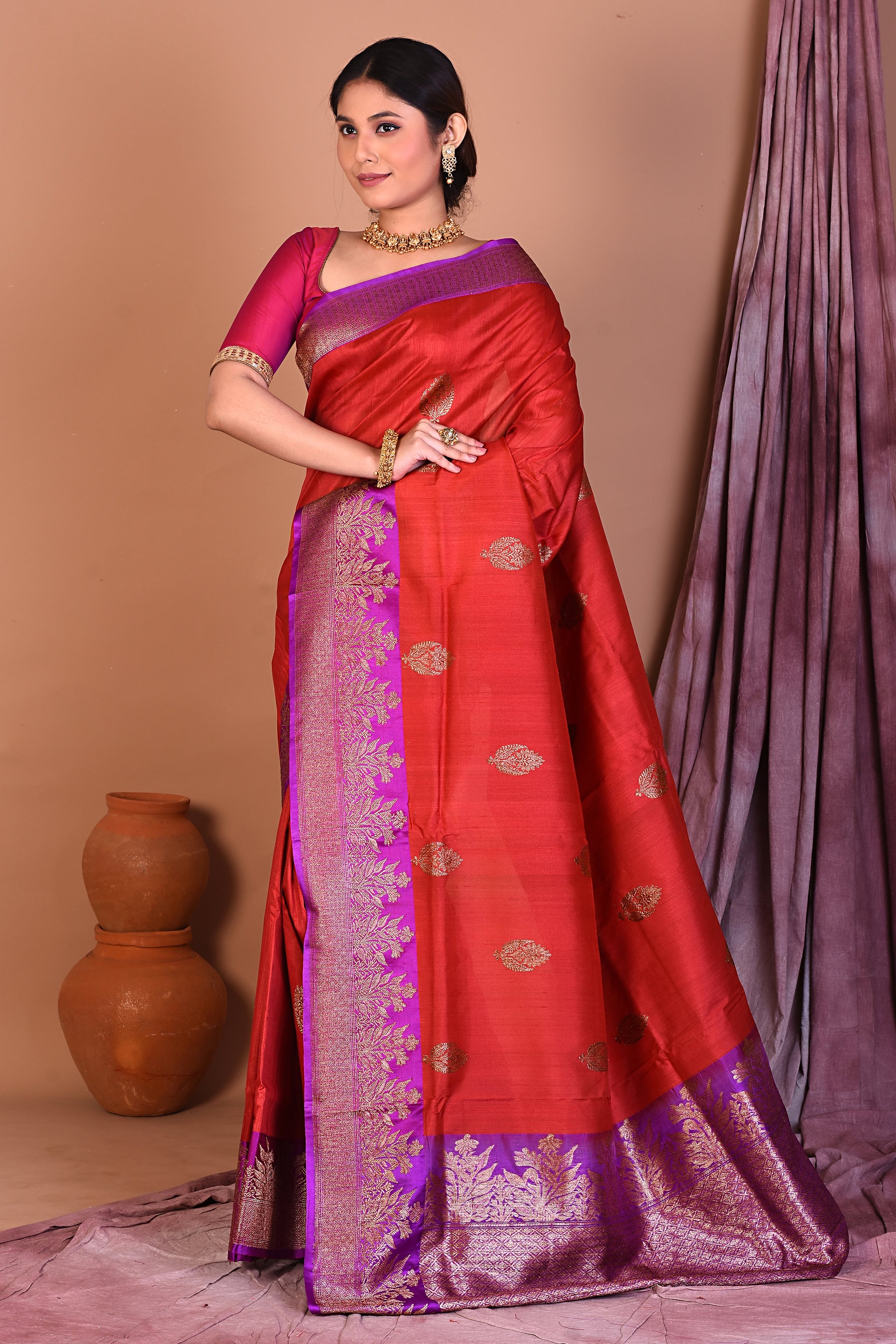 Rust Pure Tussar Saree with Purple Borders - Keya Seth Exclusive