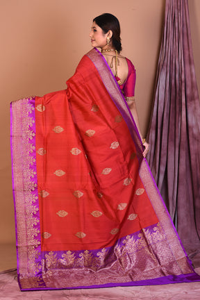 Rust Pure Tussar Saree with Purple Borders - Keya Seth Exclusive