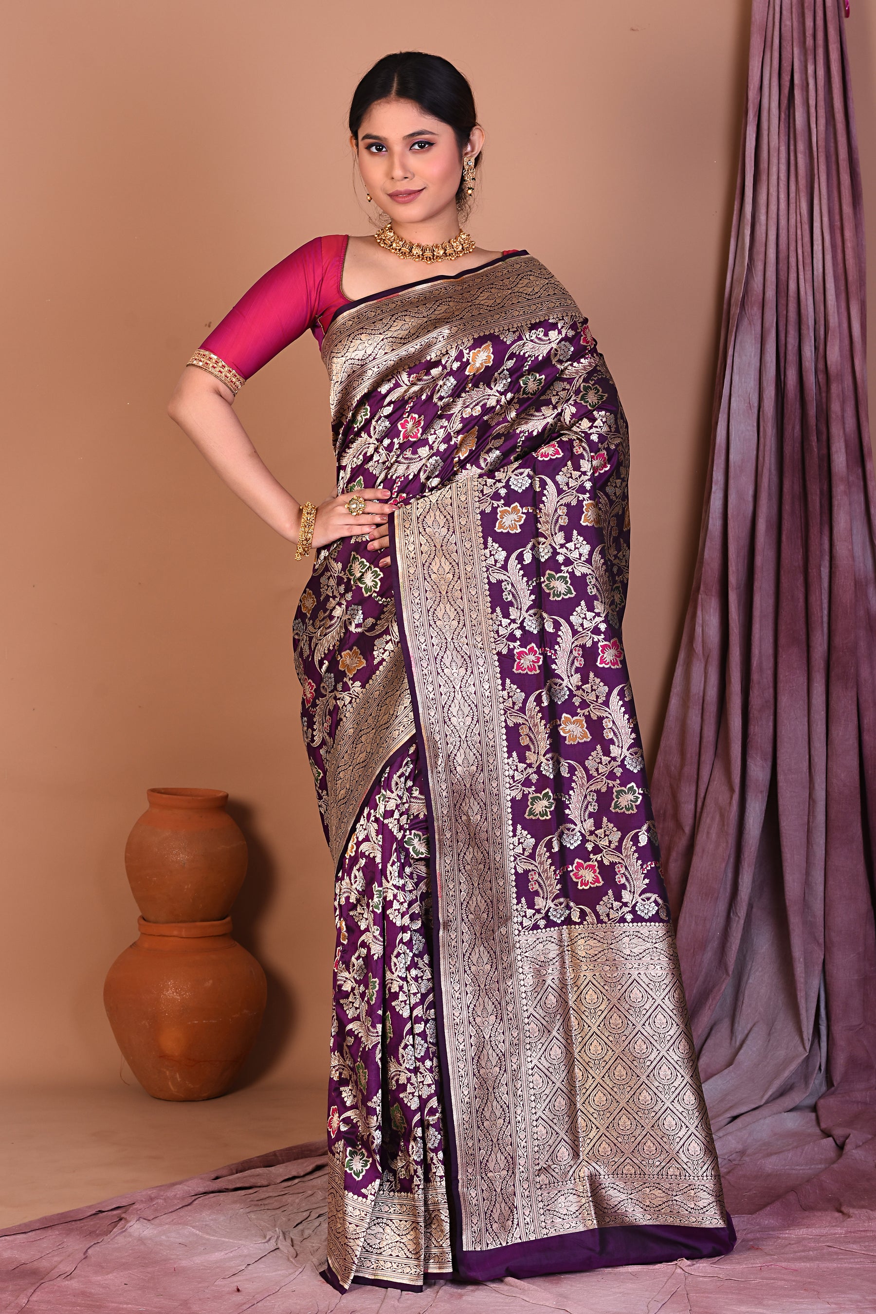 Purple Pure Katan Saree with Golden Zari - Keya Seth Exclusive