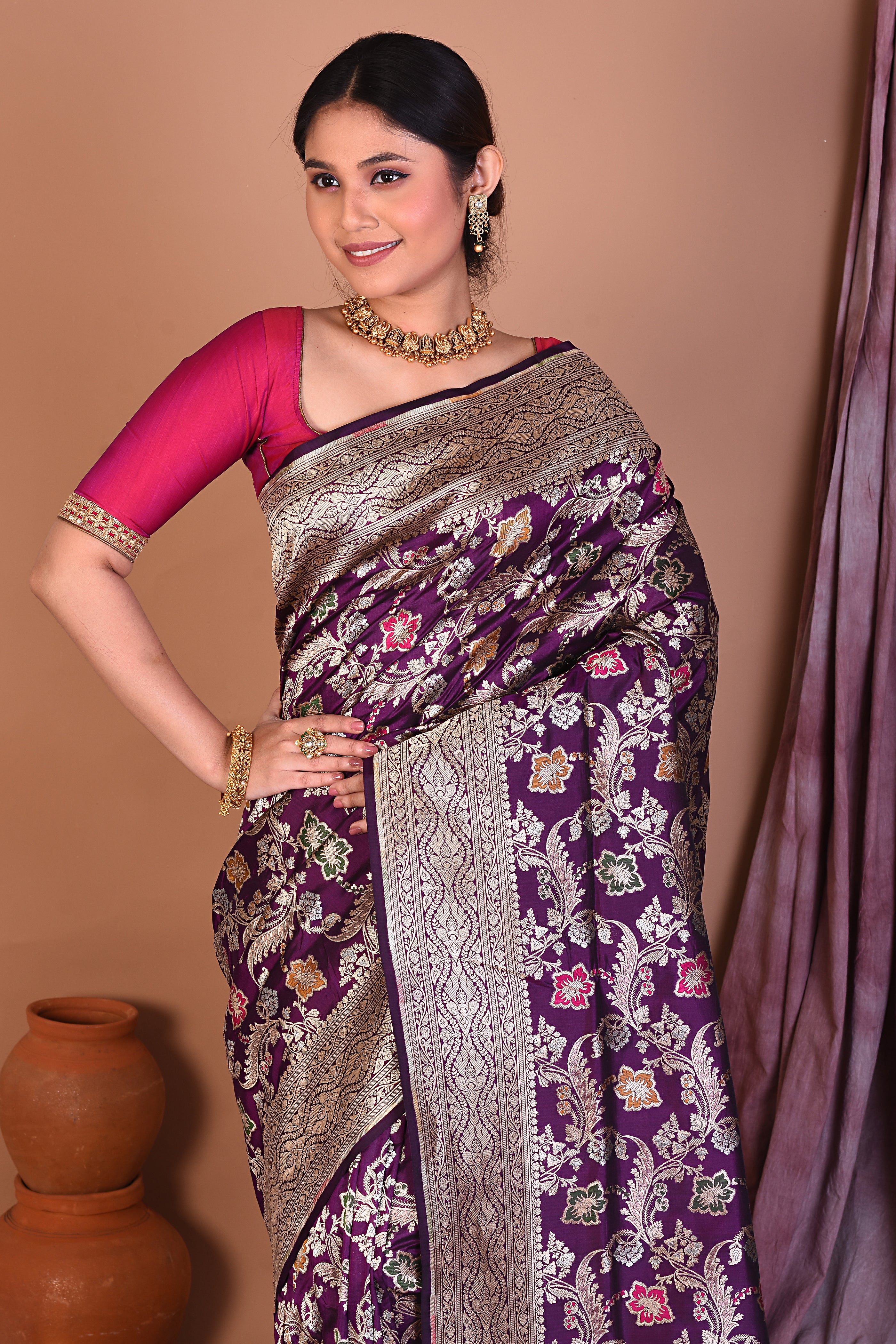 Purple Pure Katan Saree with Golden Zari - Keya Seth Exclusive