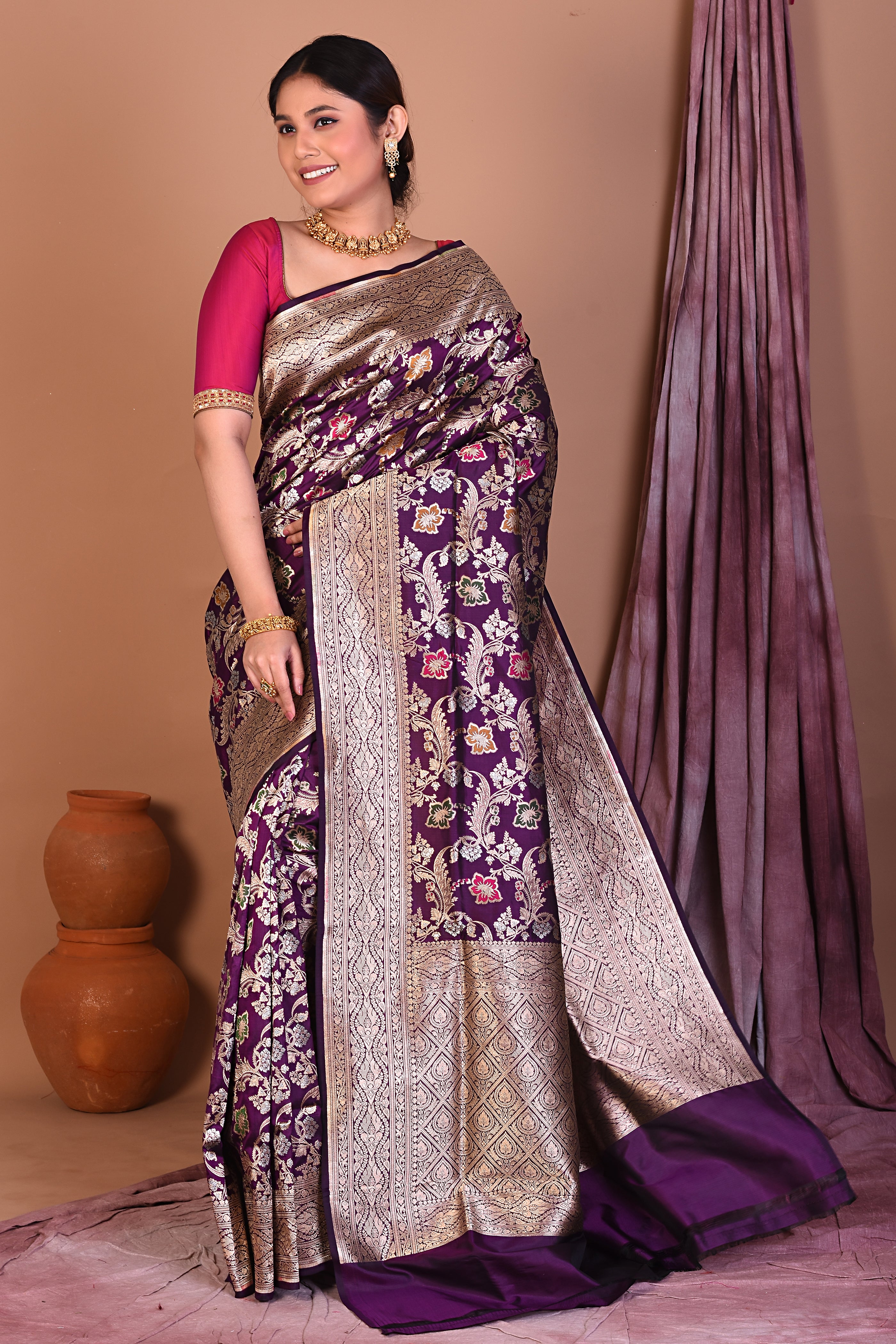 Purple Pure Katan Saree with Golden Zari - Keya Seth Exclusive