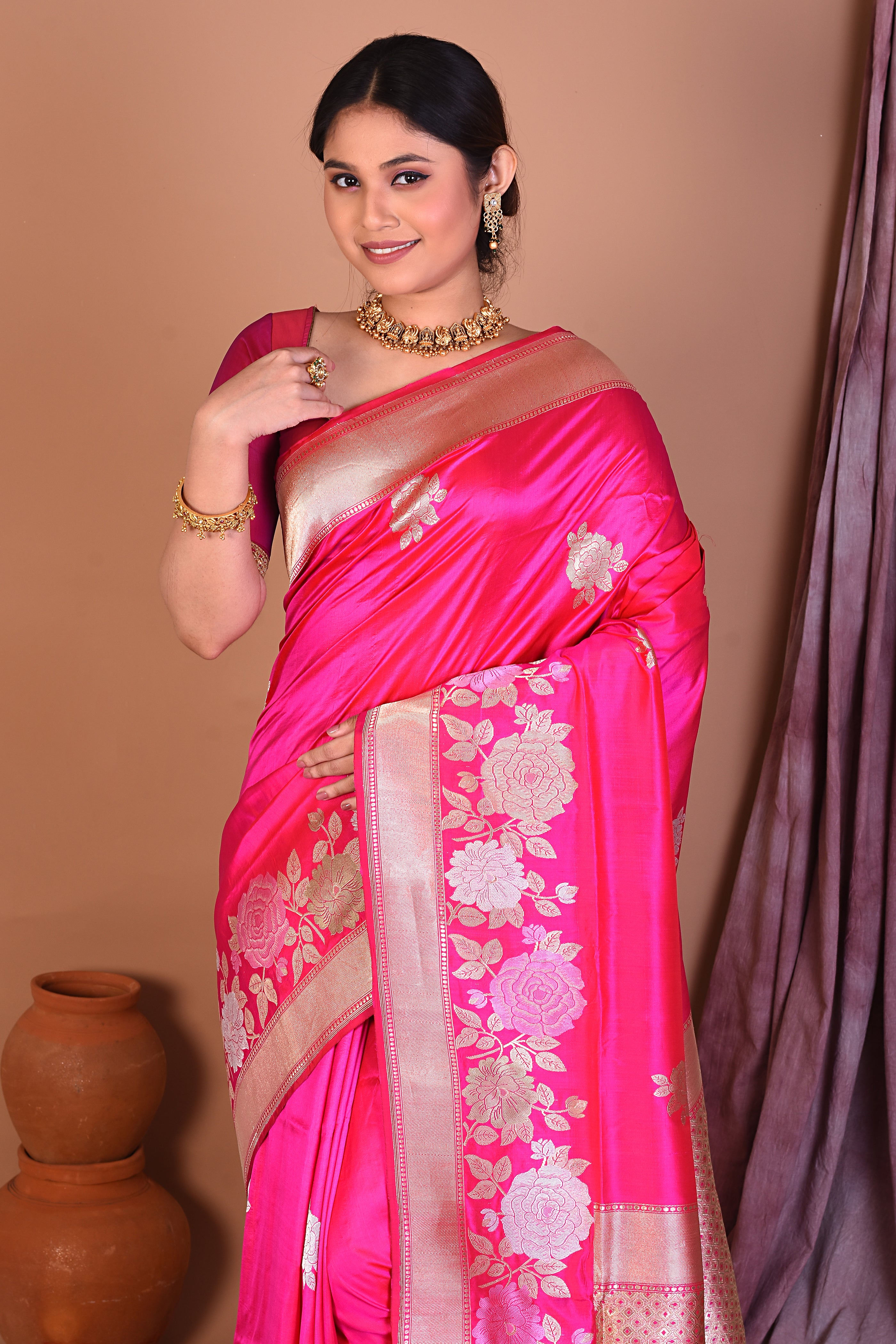 Pink Pure Katan Saree with Golden Zari - Keya Seth Exclusive