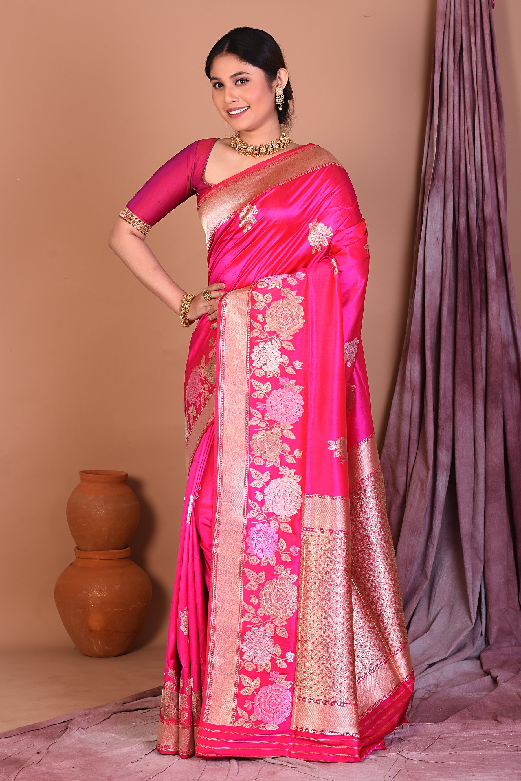 Pink Pure Katan Saree with Golden Zari - Keya Seth Exclusive