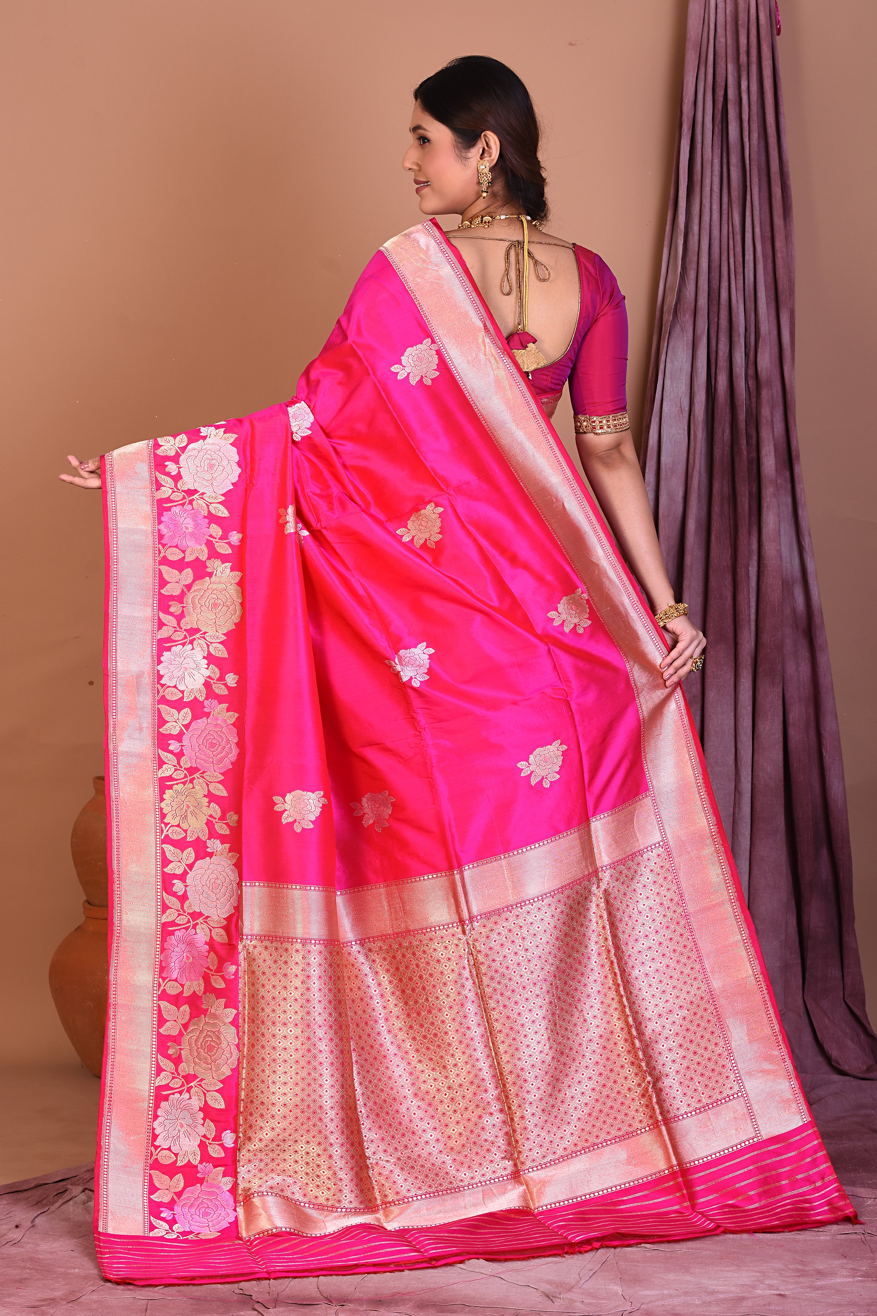 Pink Pure Katan Saree with Golden Zari - Keya Seth Exclusive