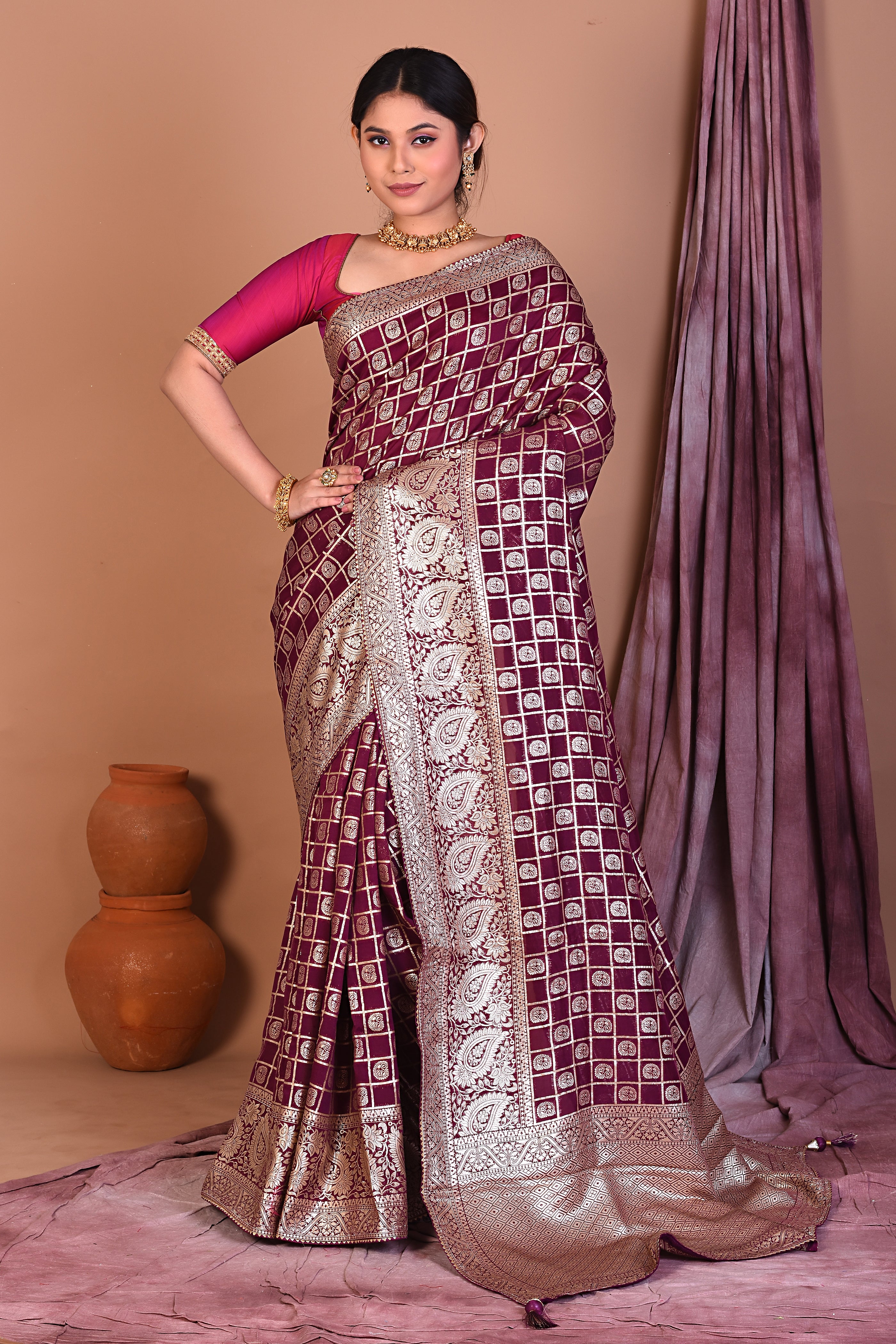 Wine Blended Khaddi Georgette Saree with Golden Zari - Keya Seth Exclusive