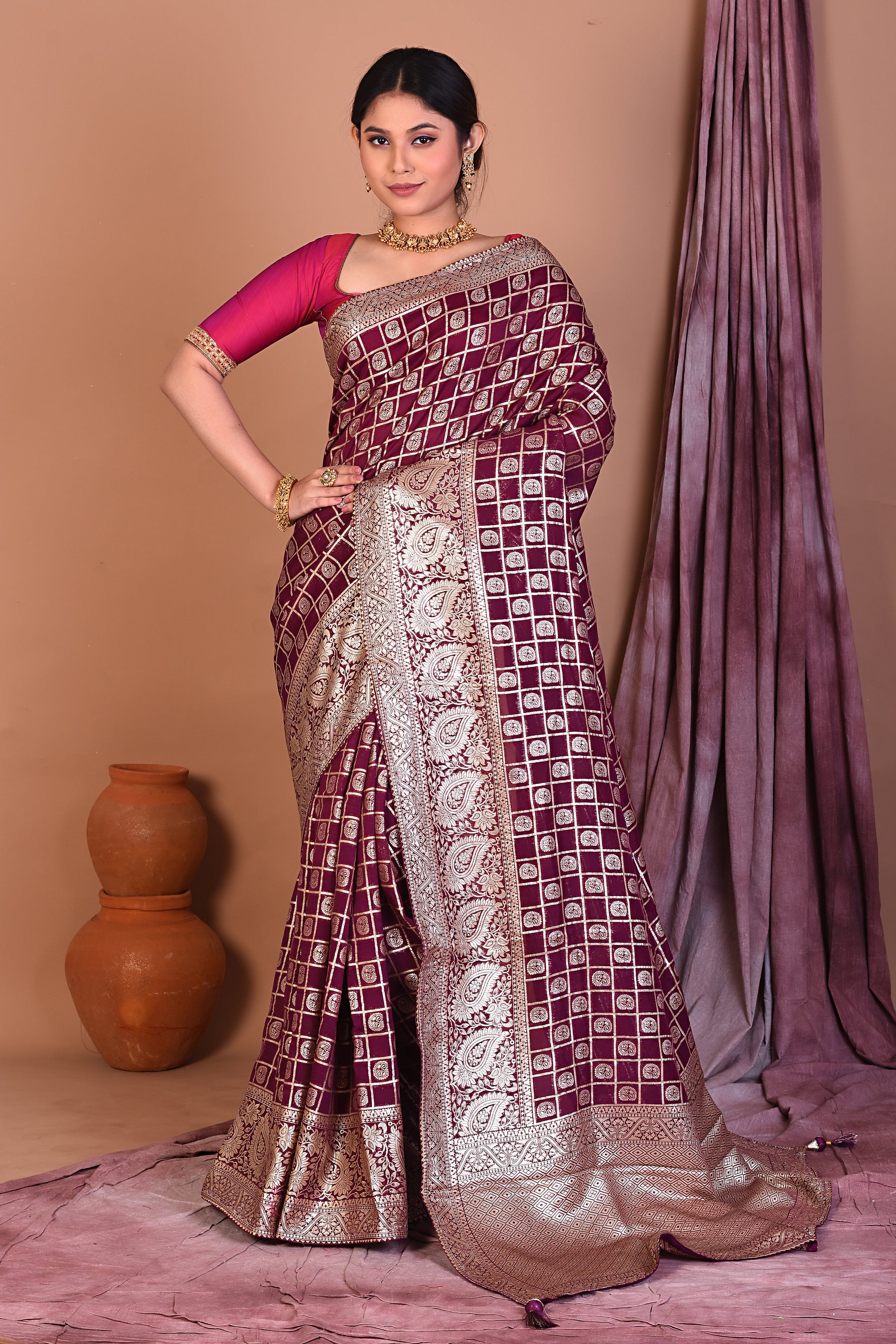 Wine Blended Khaddi Georgette Saree with Golden Zari - Keya Seth Exclusive