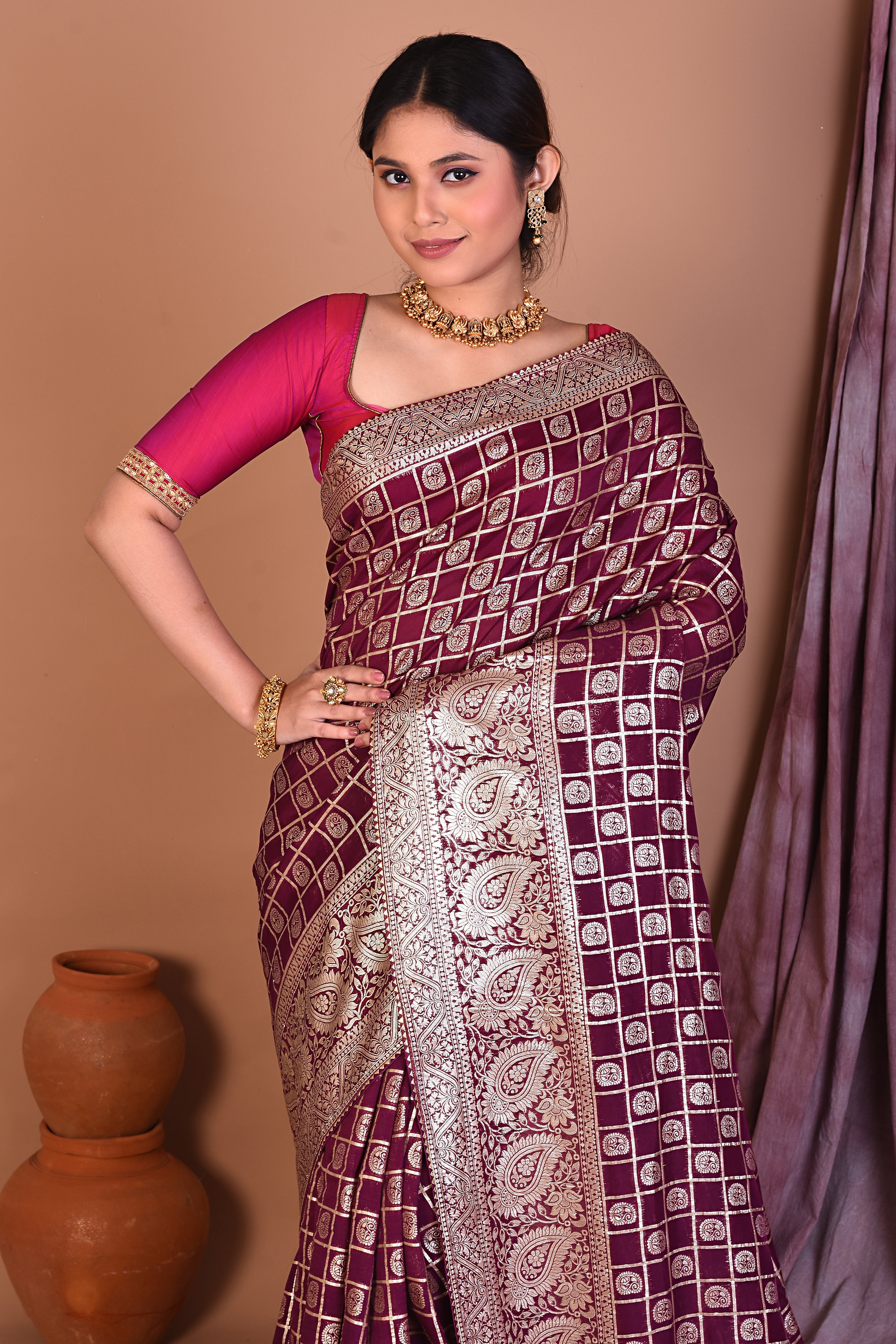 Wine Blended Khaddi Georgette Saree with Golden Zari - Keya Seth Exclusive