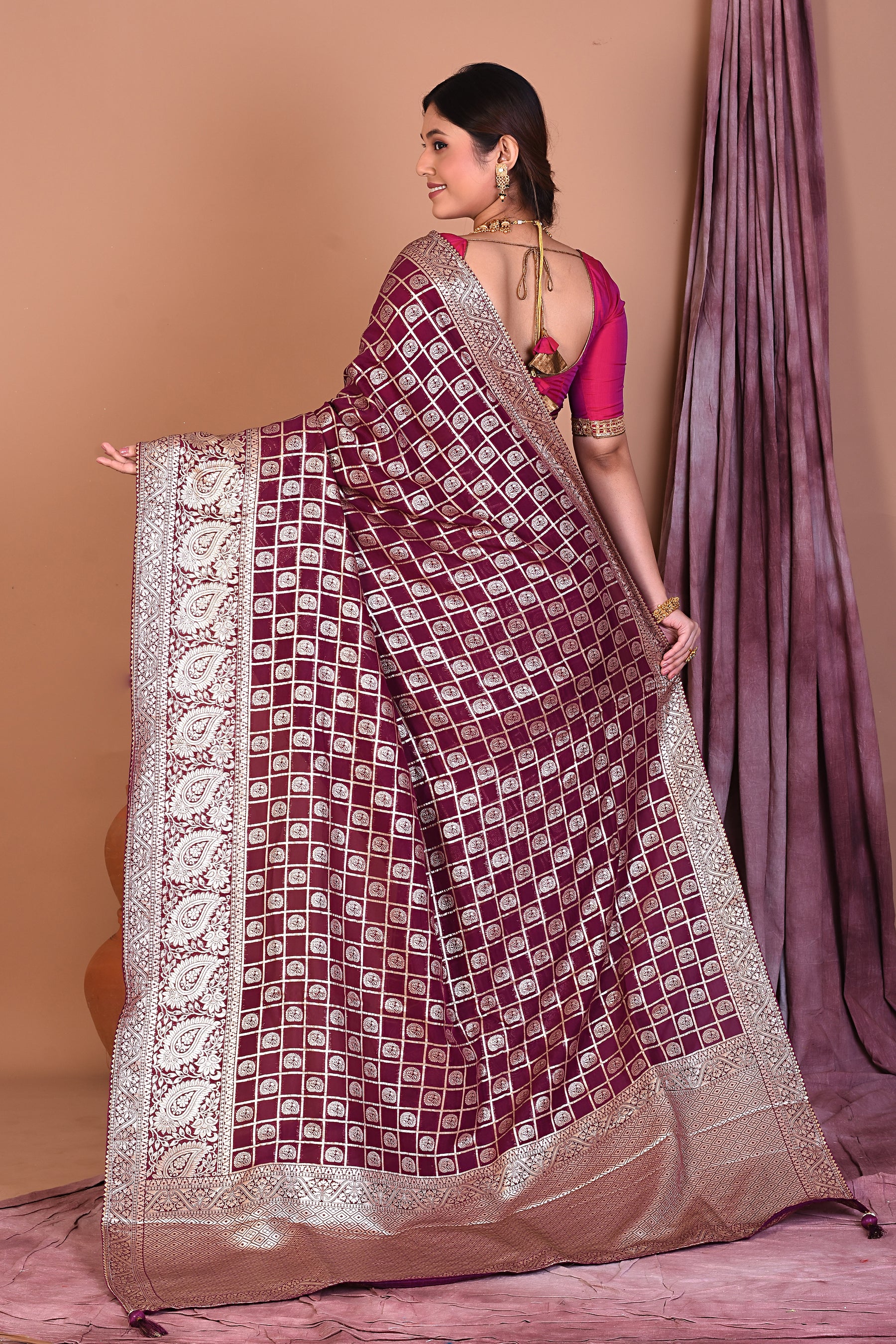 Wine Blended Khaddi Georgette Saree with Golden Zari - Keya Seth Exclusive