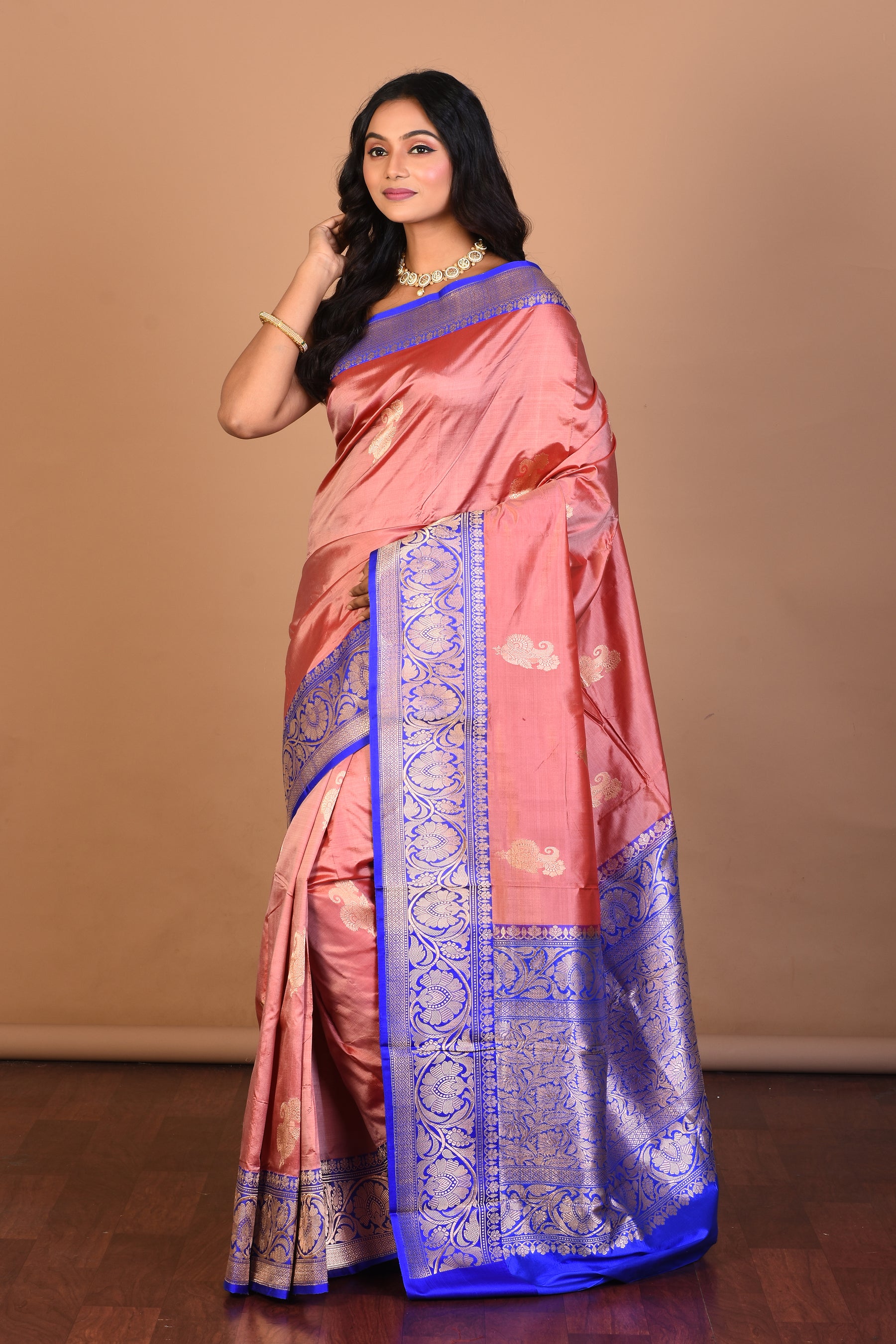 Peach Pure Katan Silk Saree with Blouse Piece - Keya Seth Exclusive