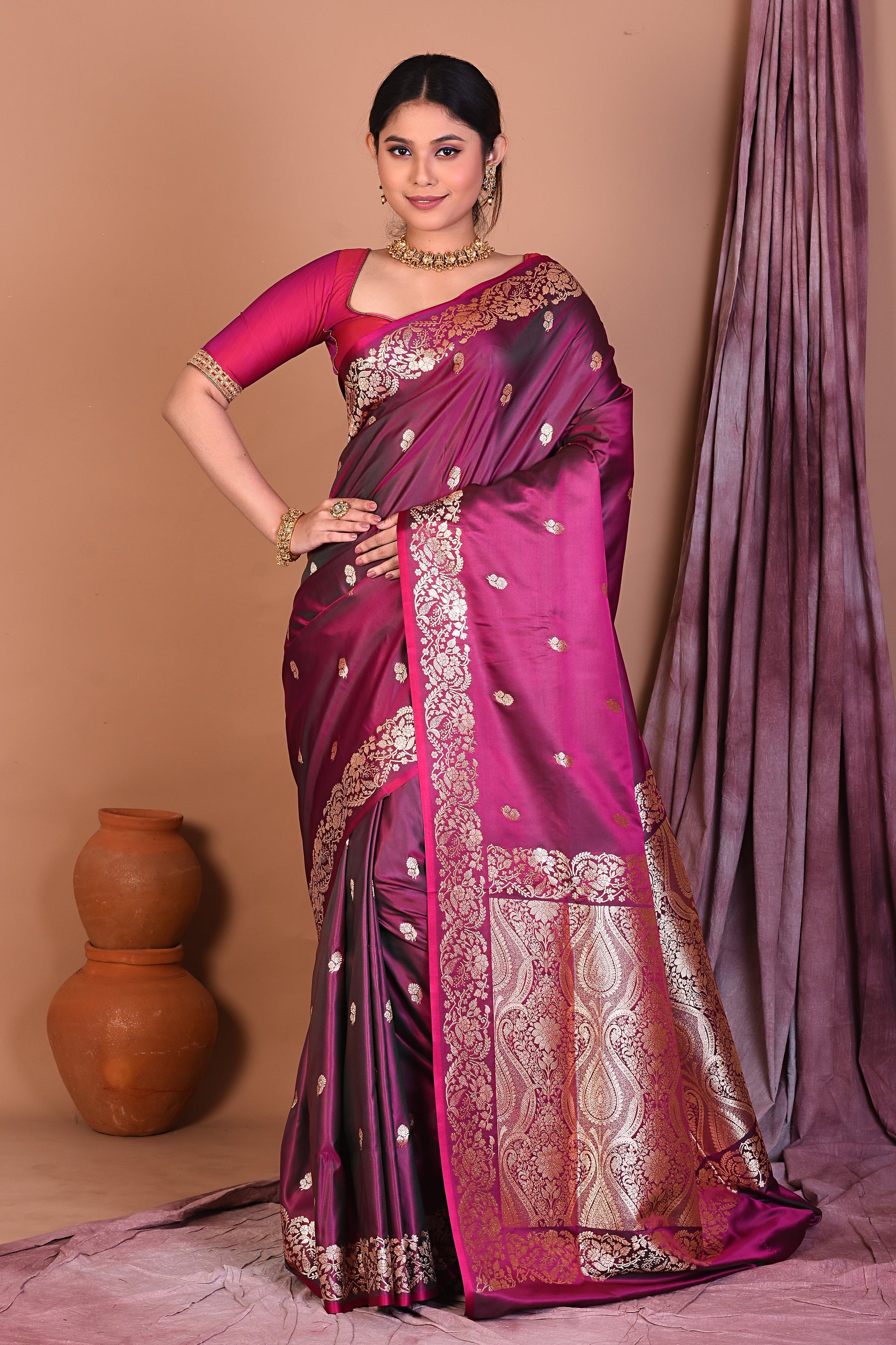 Magenta Blended Silk Saree with Golden Zari - Keya Seth Exclusive