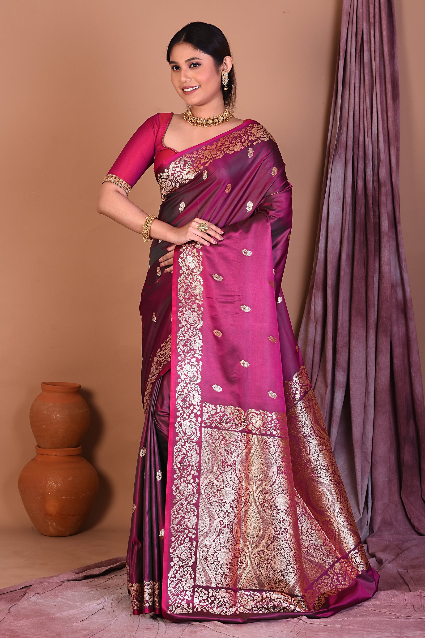 Magenta Blended Silk Saree with Golden Zari - Keya Seth Exclusive