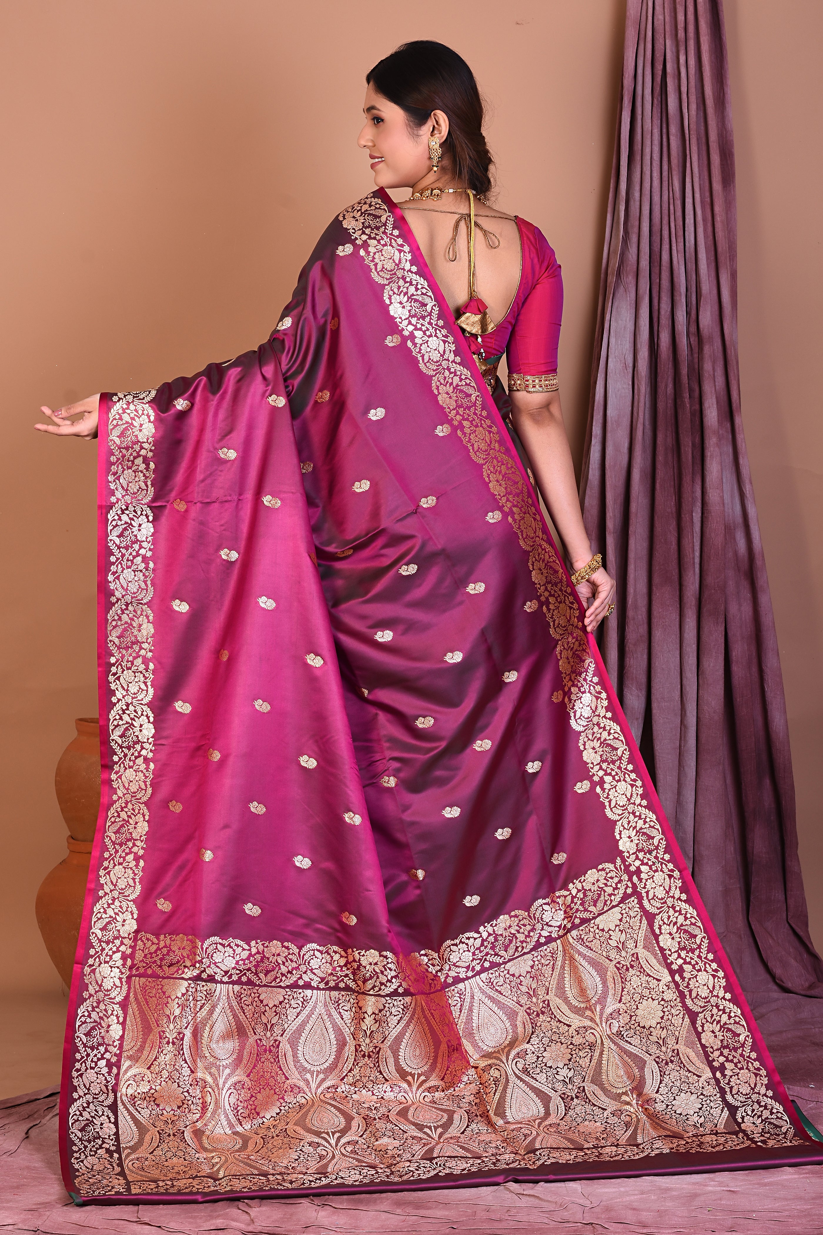 Magenta Blended Silk Saree with Golden Zari - Keya Seth Exclusive