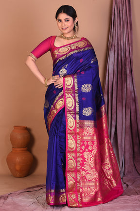 Deep Blue Pure Kanjivaram Saree with Pink Borders - Keya Seth Exclusive