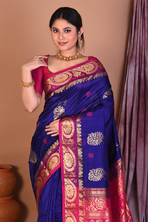 Deep Blue Pure Kanjivaram Saree with Pink Borders - Keya Seth Exclusive