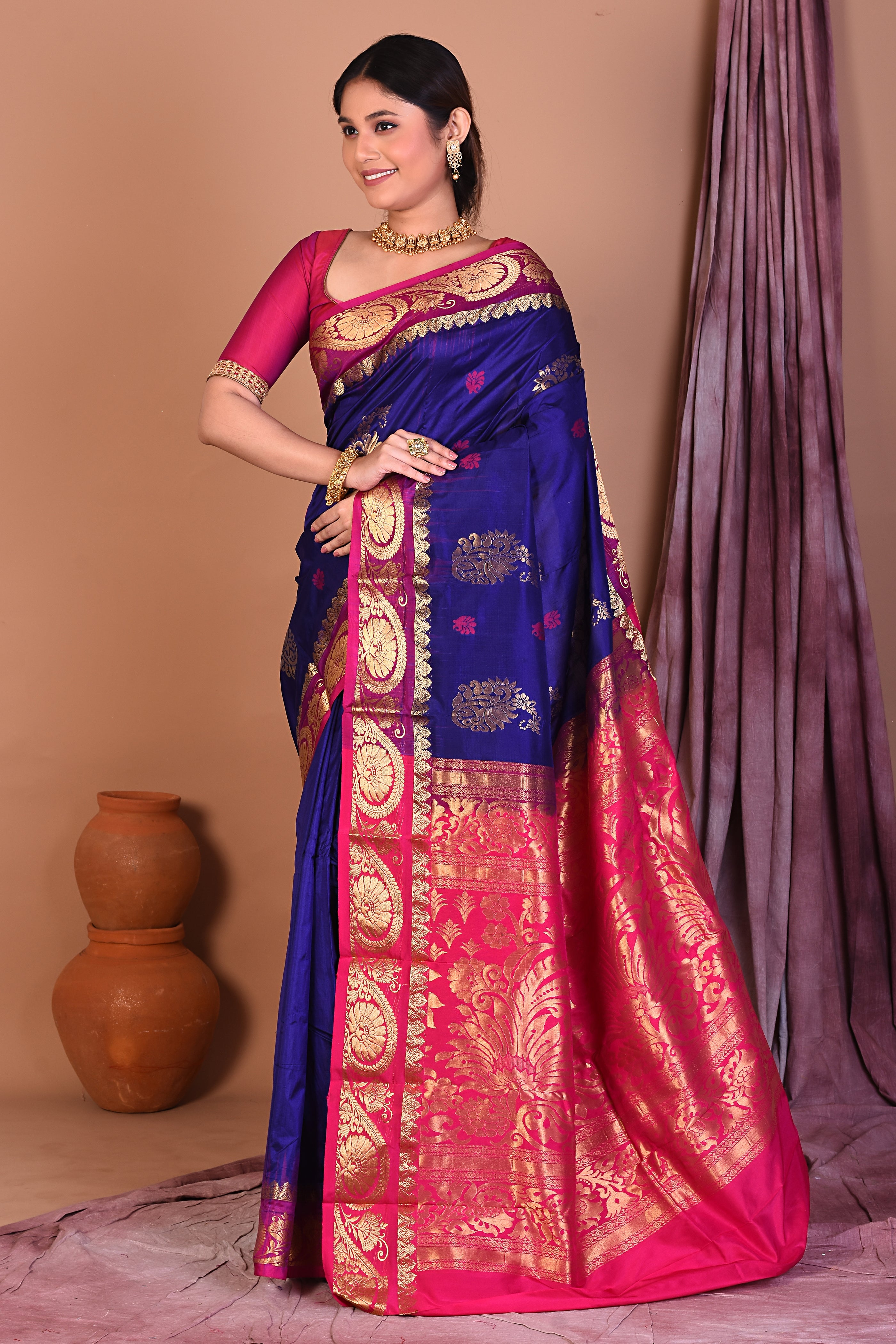 Deep Blue Pure Kanjivaram Saree with Pink Borders - Keya Seth Exclusive